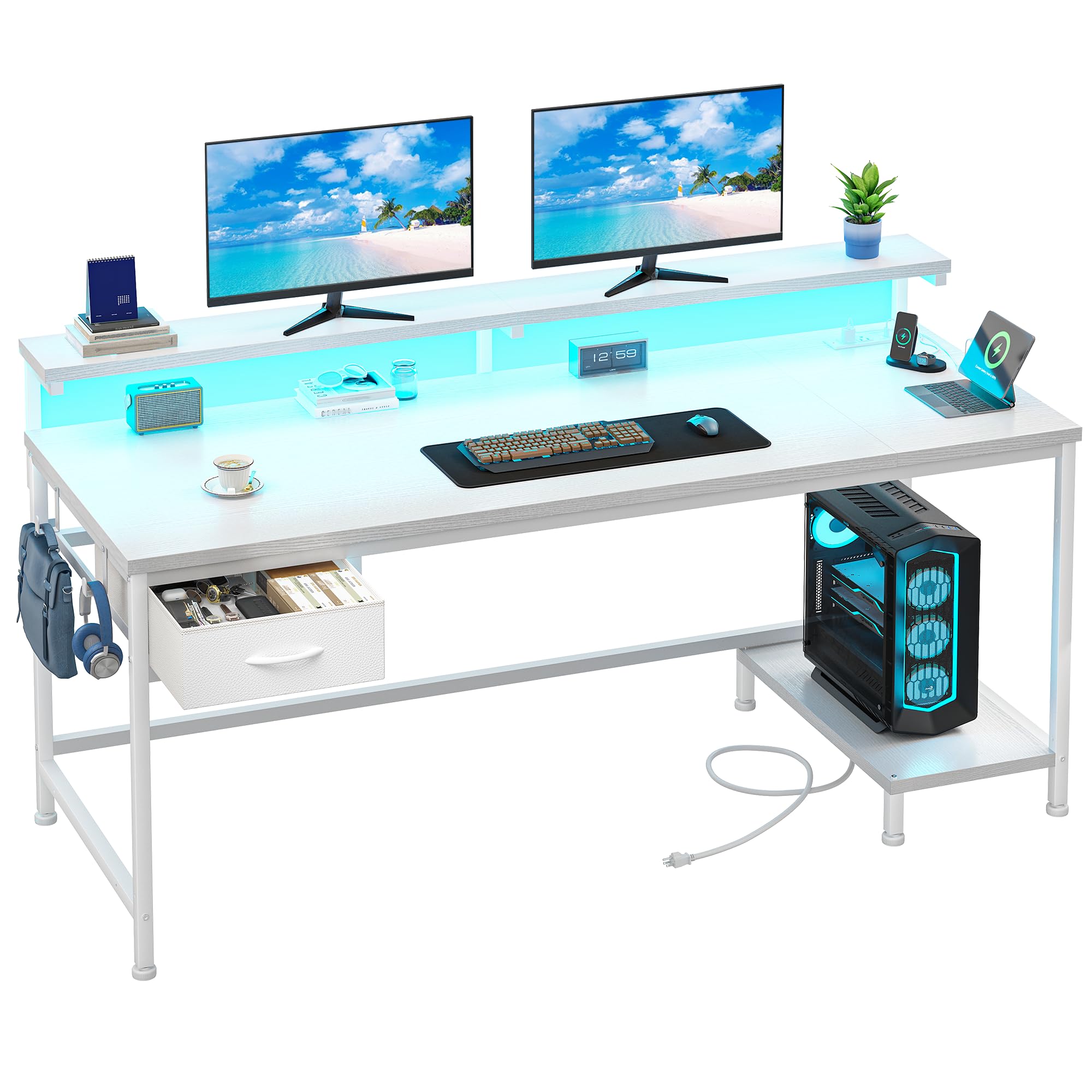 DurayLoly 47.2" Computer Desk with Power Outlet & Fabric Drawer,White
