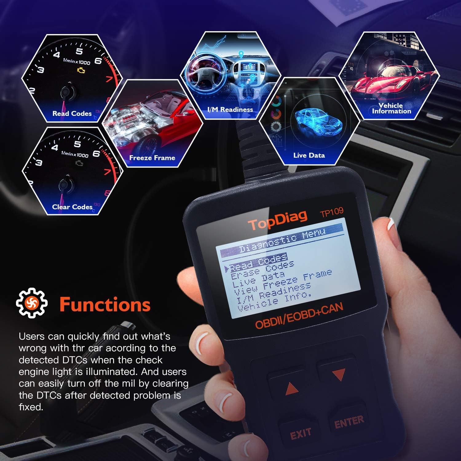 Image showing the JDIAG JD101 display with a diagnostic menu including Read Codes, Erase Codes, Live Data, View Freeze Frame, I/M Readiness, and Vehicle Info.