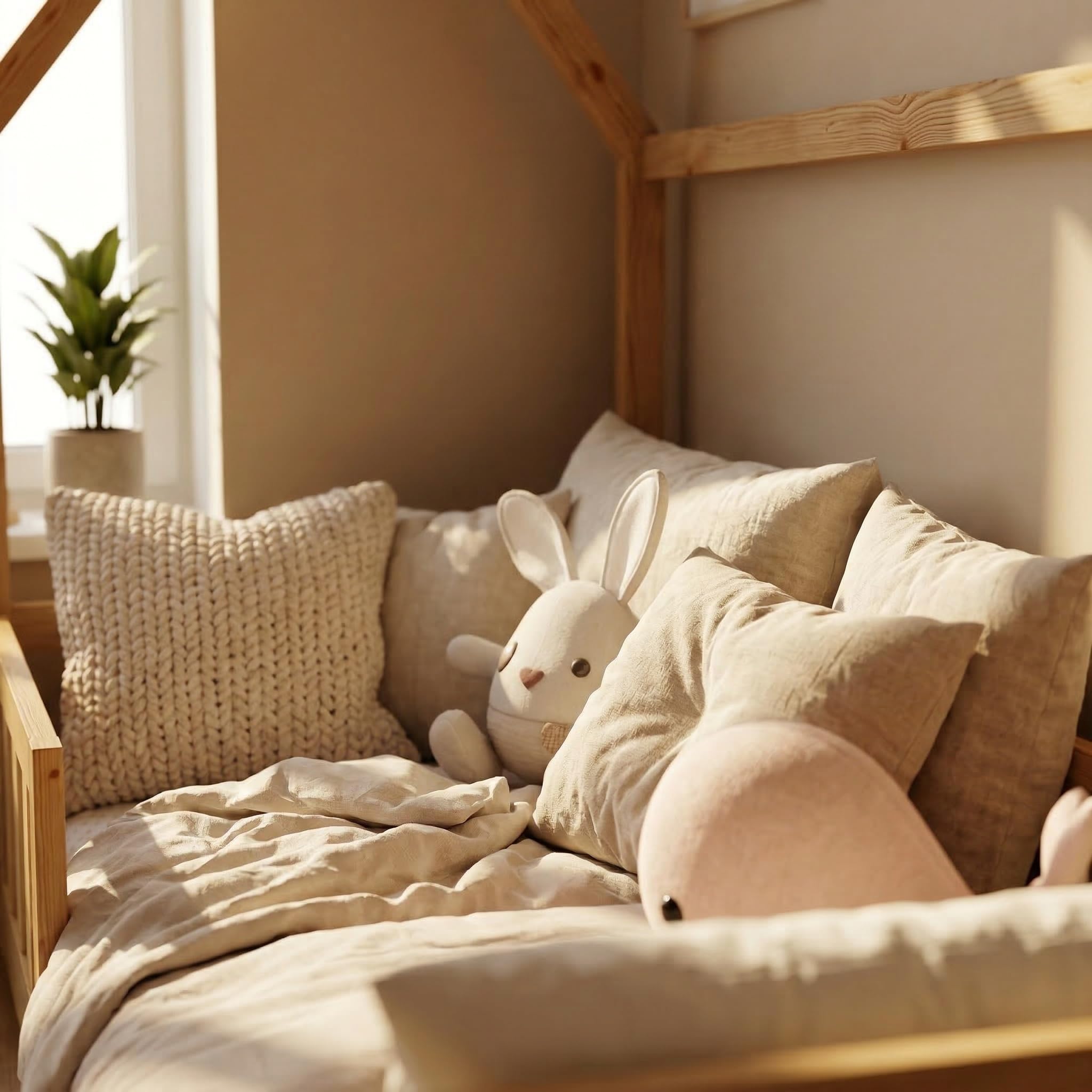 ecomi® Cama Infantil con Protección Anticaídas y Somier, Cama de Casa - Cuna 90x200 /80x160 cm en Blanco/Natural para Niños (Natural, 90x200)