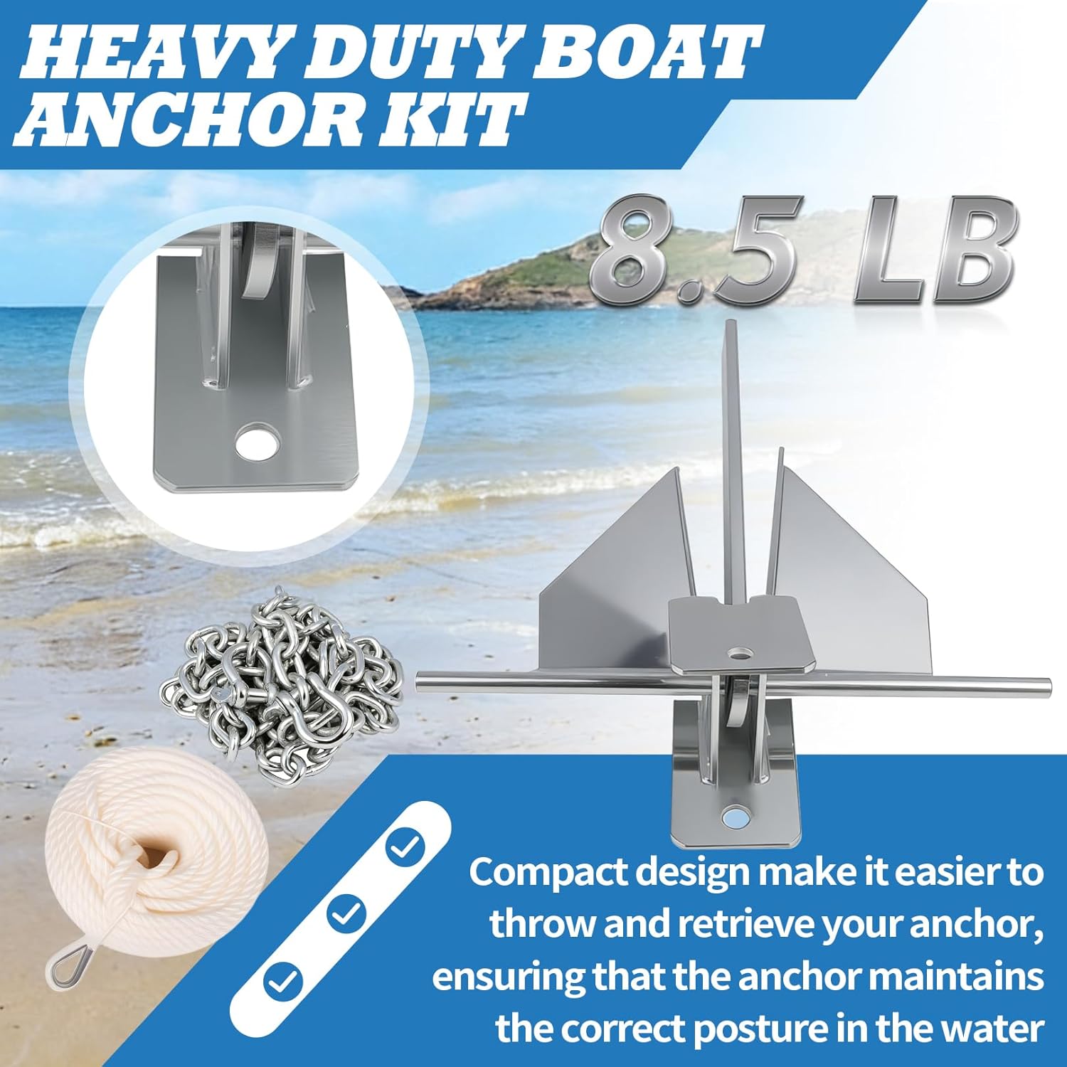 5lb 8.5 lb Heavy Duty Anchor Kit Portable Anchor with Anchor Chain and Anchor Rope Set Fit for Different Type Boats