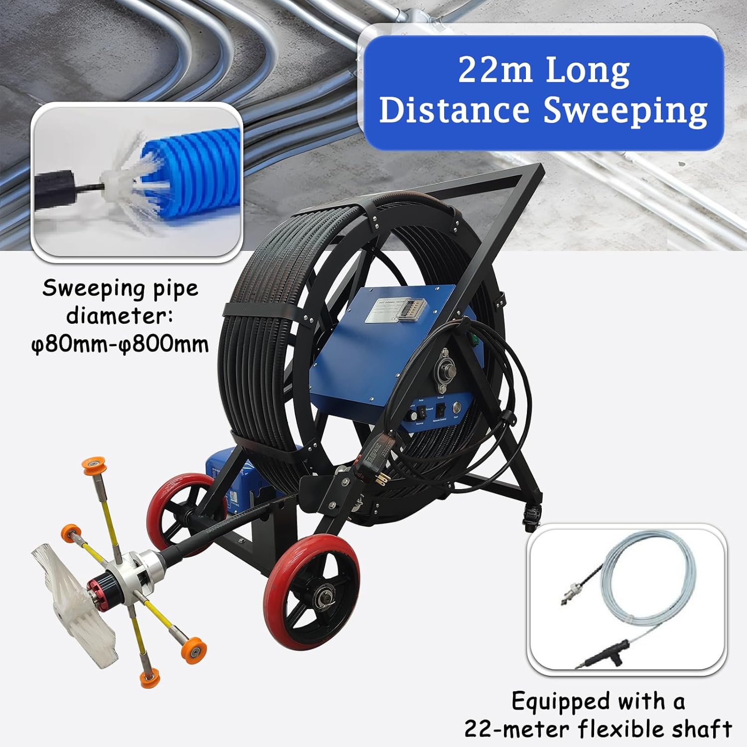 Air Duct Cleaning Machine, 110V 200W Adjustable Speed 0-1000 RPM with 72ft Flexible Shaft, 3 Rotary Brushes for 80-800mm Ducts, Vent Pipe Cleaner for Residential & Commercial Use