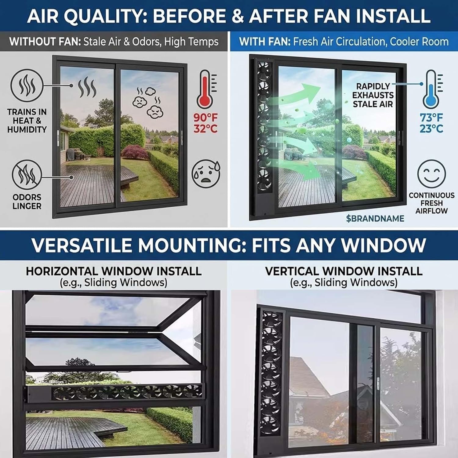 Window Exhaust Fan for Sliding Windows, Black 10cm Spring Vertical Vent Fan, No Drill Outward Flow Cooling Fan for Garage, Indoor Greenhouses & Smoking Rooms Stepless Speed(26.38-30.32 in)
