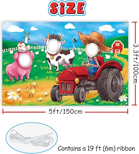 Miniatura 2 de Telón de fondo de animales de granja, 5 x 3.3 pies, accesorios de fotos con recortes de cara de granjero de vaca, granero rojo, molino de viento,