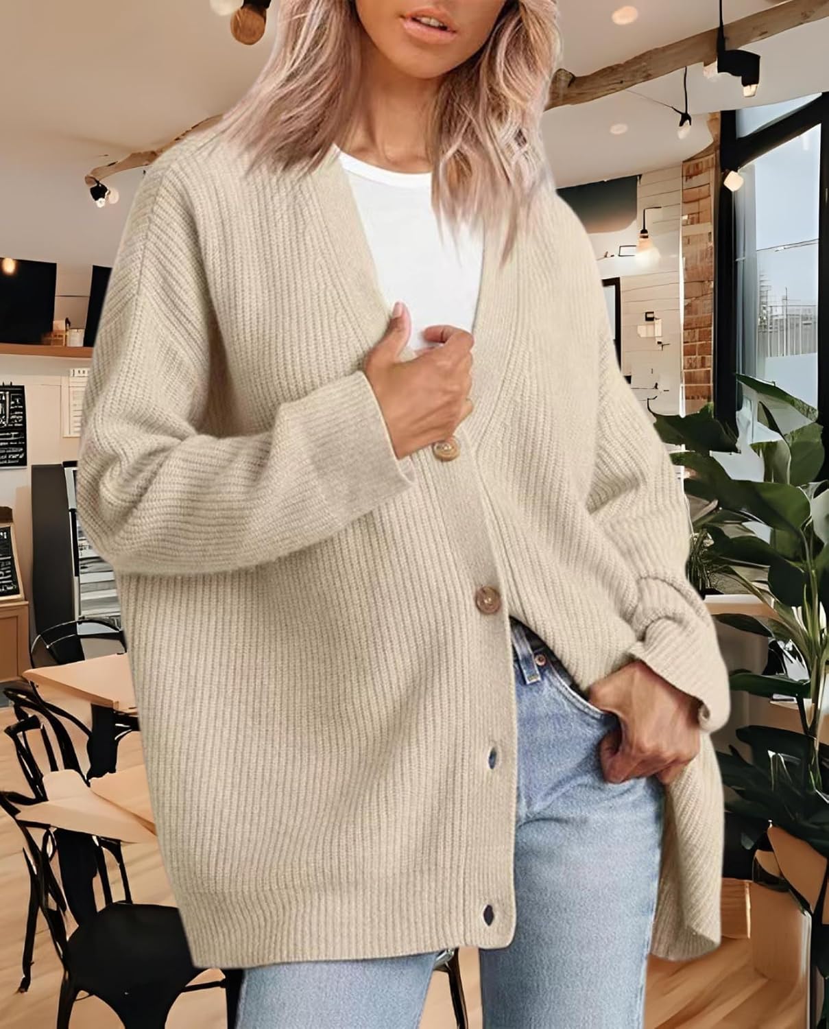 Women's Cardigan Casual Sweater Oversized Long Sleeve V-Neck Button Cardigan Top for Vacation and Daily Life - Image 2