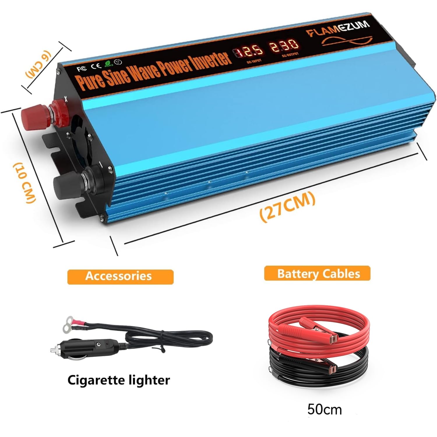 FLAMEZUM 1000W/2000W Wechselrichter 12V auf 230V Reiner Sinus Spannungswandler Pure Sine Wave Inverter mit 1 EU Steckdose und 2 USB-Ports (3.4A) für Auto, Wohnmobil, Camping