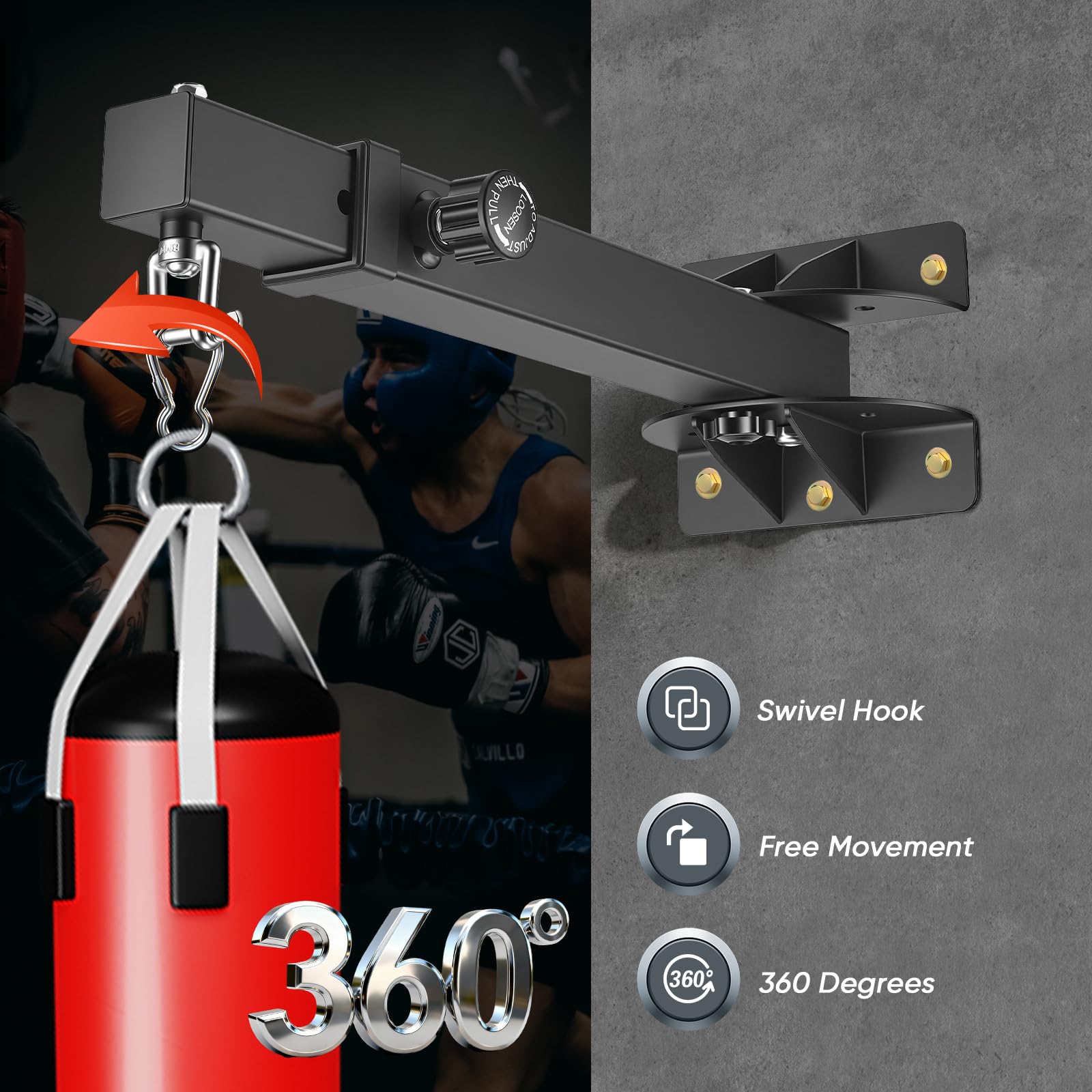 Soporte para Saco de Boxeo, Soporte para saco de boxeo ajustable con rotación de 180°, Soporte giratorio resistente para gimnasio en casa, adecuado para kickboxing, Muay Thai, MMA y bolsa de velocidad
