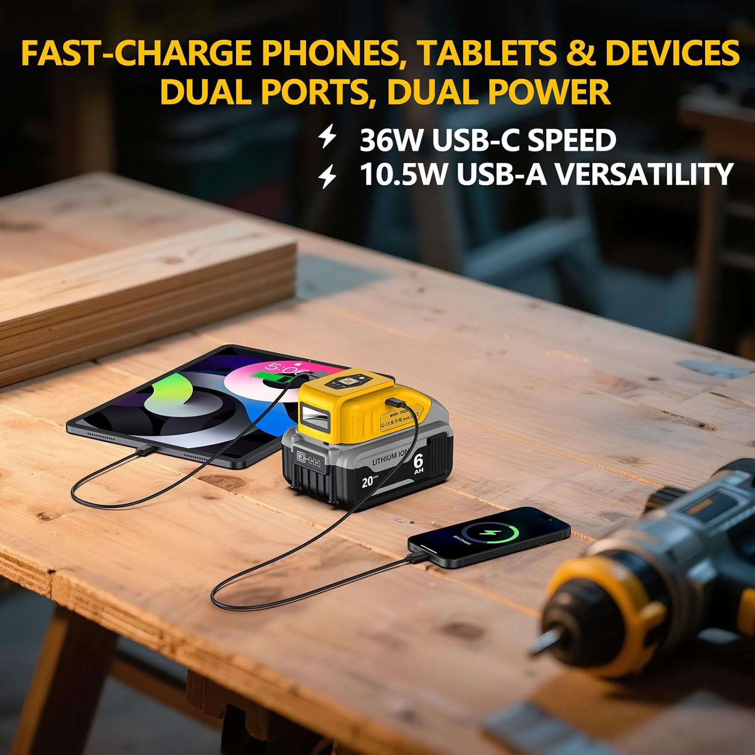 33W Battery Charger Adapter for DeWalt 20V MAX Battery, Generator Power Station Converter with USB-C Port & USB-A Port & LED Lights for Camping, Travel, Job Sites, Tool Only