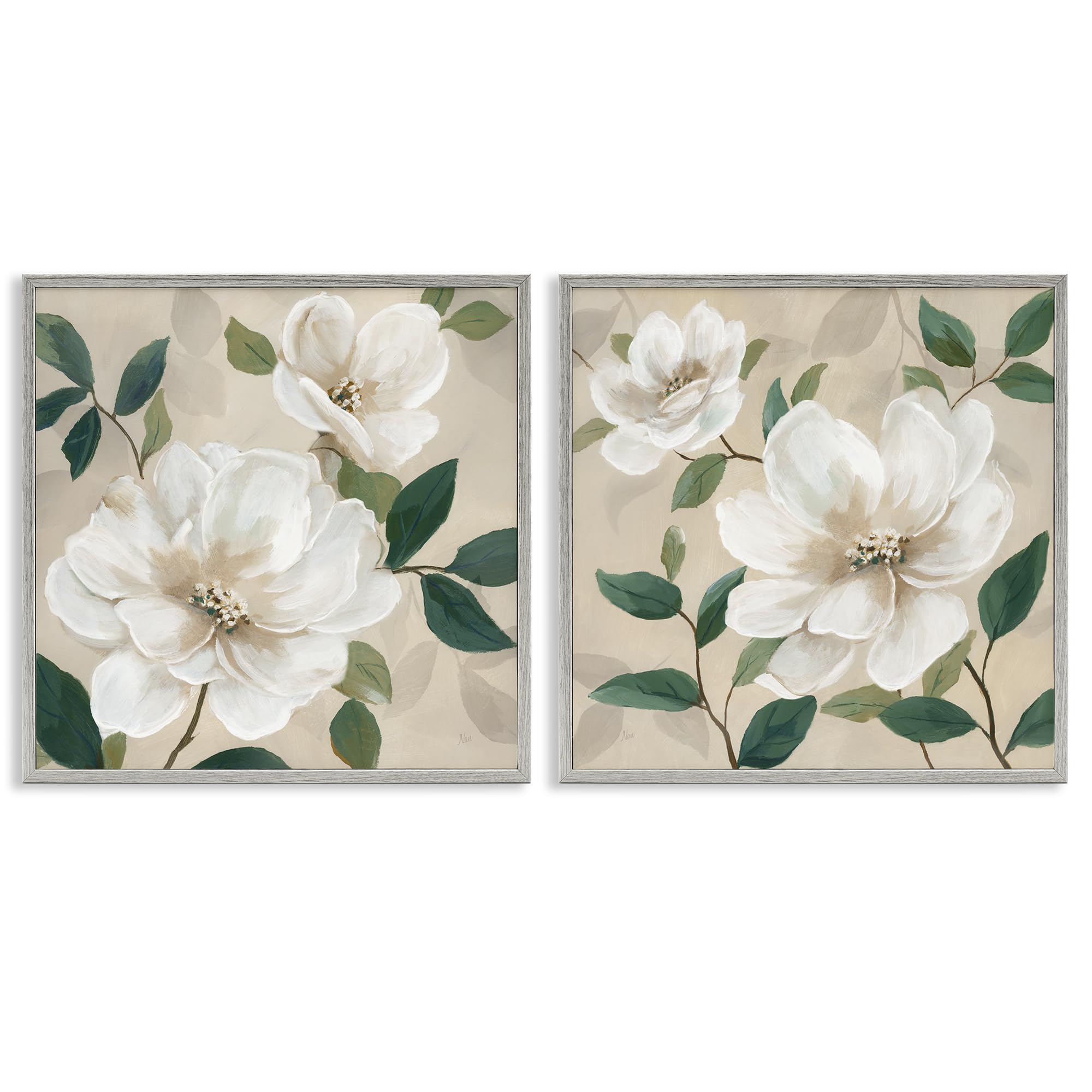 'Serene White Blossoms & Foliage'| 2pc Framed Giclee Art Set 2