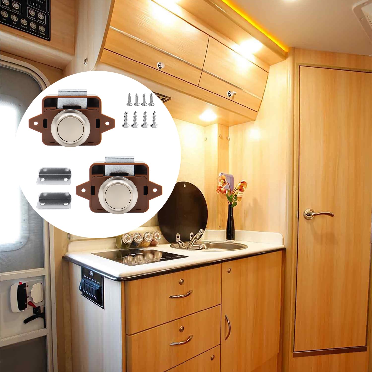2 Pezzi Chiusura a Pulsante, Pulsante Per Serratura Armadio, Push Lock, Serratura a Pulsante per Porta, Senza Chiave Apparire Chiusura Della Porta a Pulsante, Per Armadio, Camper, Yacht (Marrone)