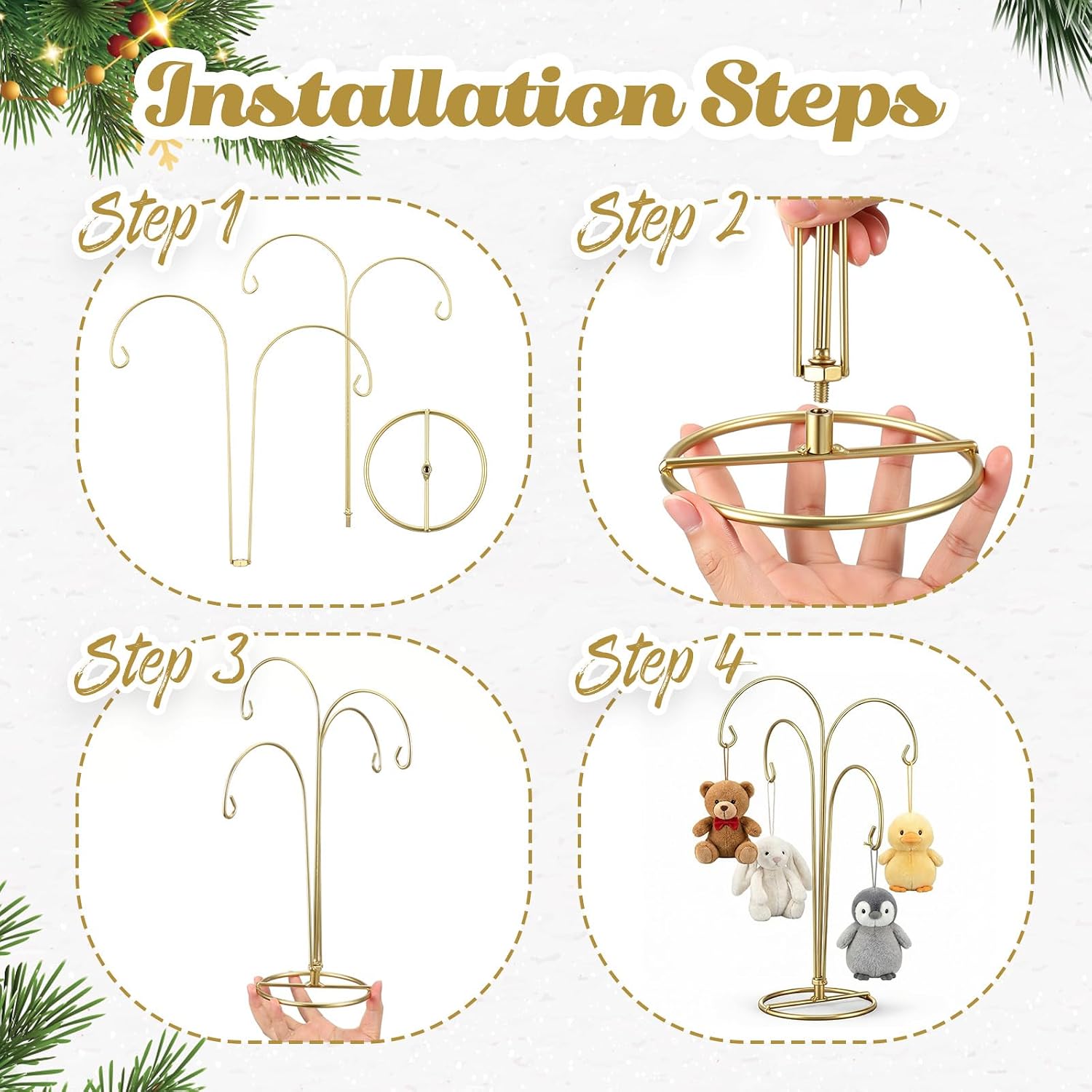 4 Arms Ornament Display Stand Holder 12 Inch Christmas Hanger Hook Dog Cat Glass Ball Bauble for Christmas Wedding Home Office Decoration (Gold)