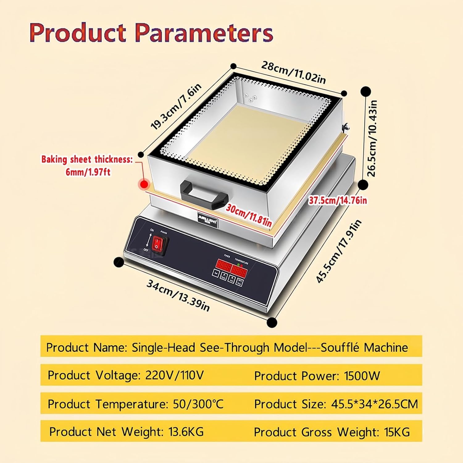1300W/2600W Commercial Souffle Pancake Machine,Electric Nonstick Pancake Maker,Stainless Steel with Glass Flip Cover,Dutch Pancake Baker(Single Head)