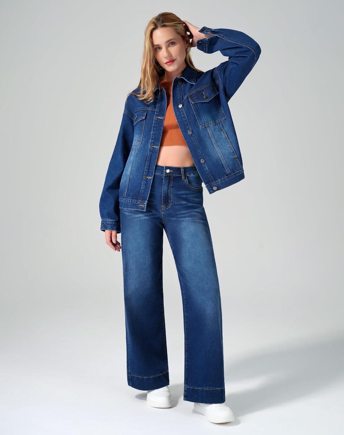 roswear Jean Jacket Women Oversized Long Sleeves Button Up Washed Denim Western Jackets Trucker Coat - Image 7