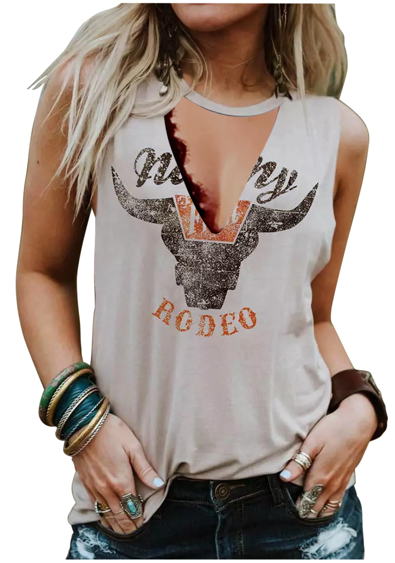 Summer Deep V Neck Tank Tops for Women Western Country Sleeveless Tee Shirts Teen Girls Sexy Casual Concert Tops Outfits