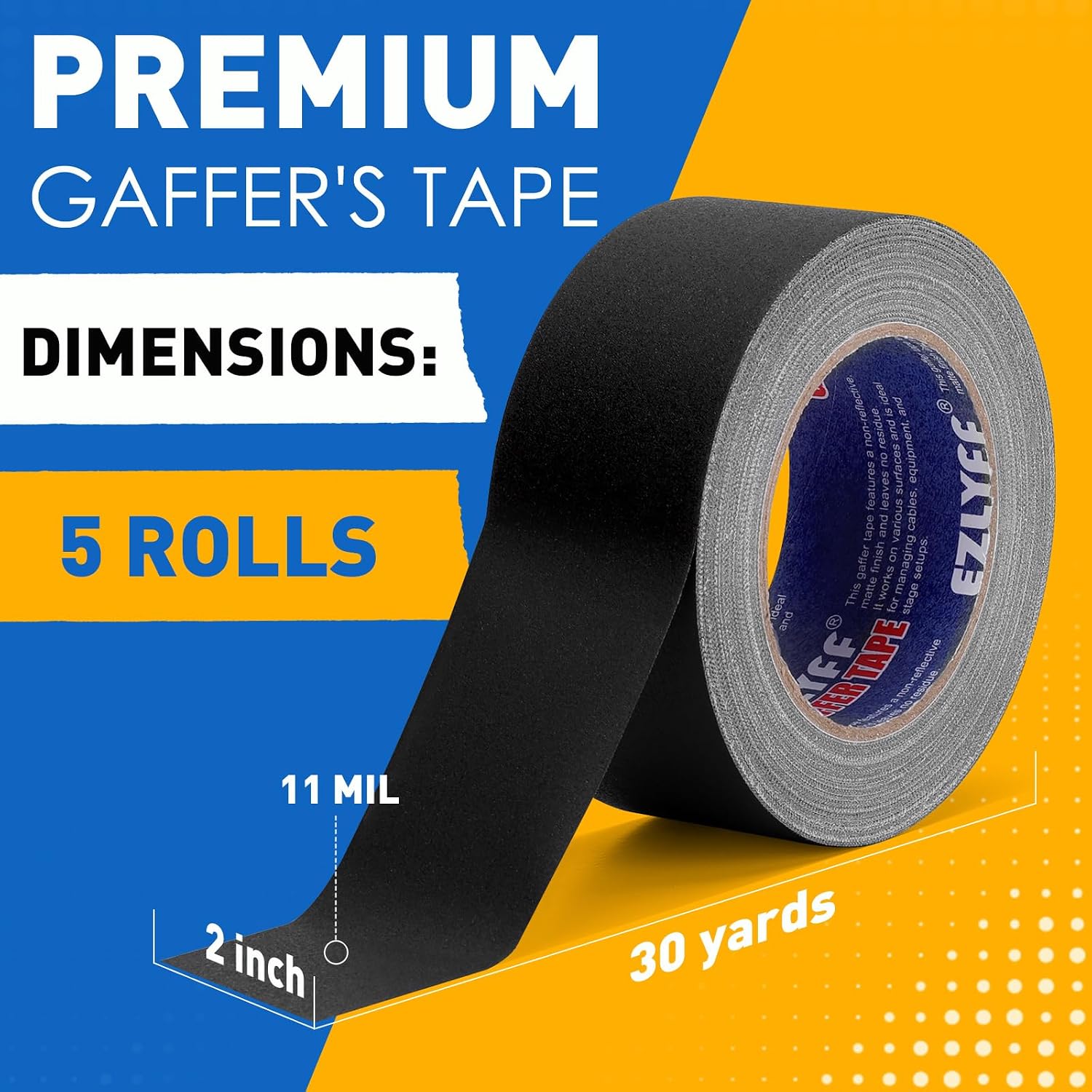 Black Gaffers Tape 2 Inch x 30 Yards, 5 Pack 11 Mil Black Gaffing Tapes, Easy Tear, No Residue, Non-Reflective, Floor Tape for Electrical Cords, Stages, Studios, Photography.
