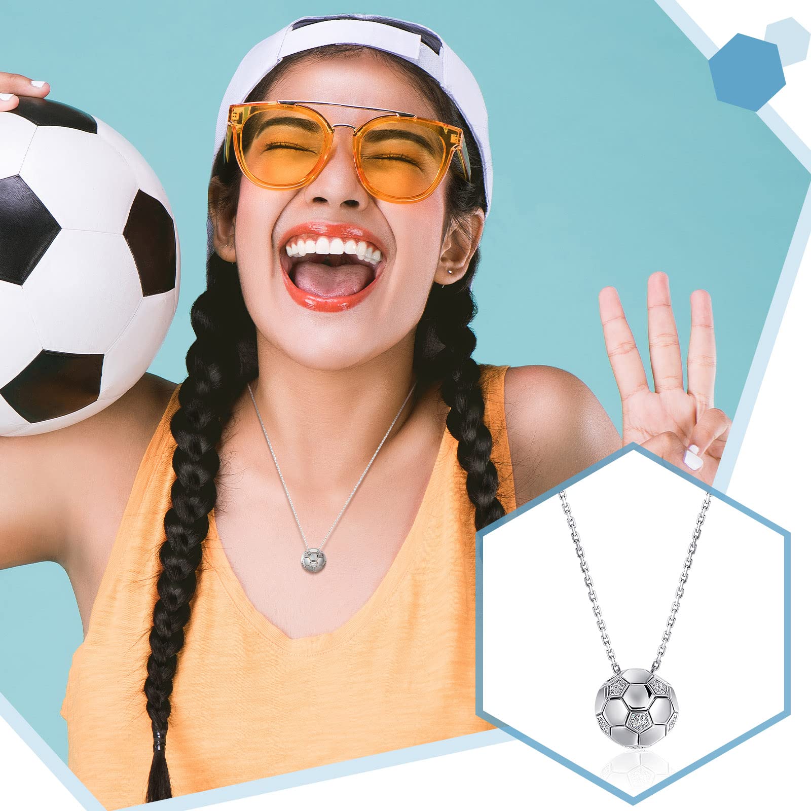 Patelai Collar de Fútbol Colgante de Balón Grabado con Dije de Pelota de Cadena con Diamantes de Imitación para Mujeres Hombres Niñas Niños (Plata)