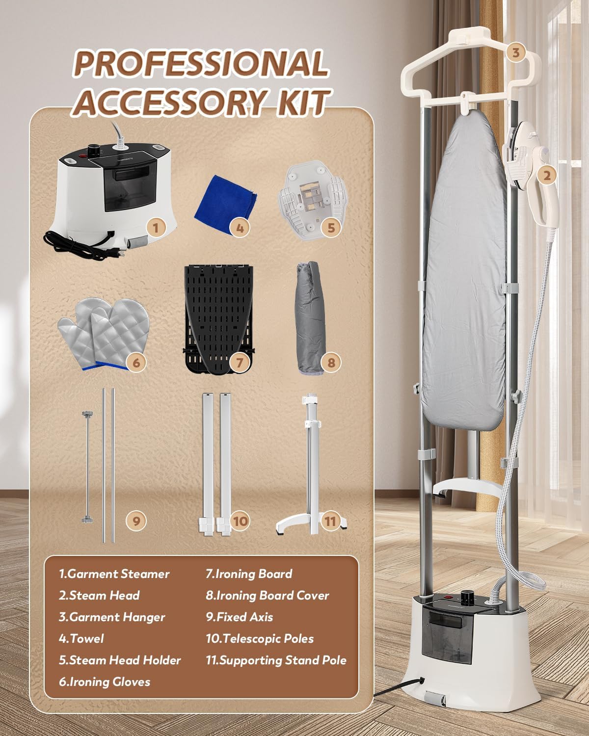 Standing Garment Steamer with Rotating Nozzle, 1500W Upgraded Steamer for Clothes Heats in 25s for 60min Steam, 1.6L Tank, Self-Cleaning, Dual-Protection Tech, Ironing Board, Hanger, Gloves