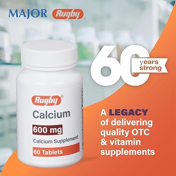 Rugby 600 mg Calcium Tablets - Calcium Supplement - 60 Count (1 Pack)