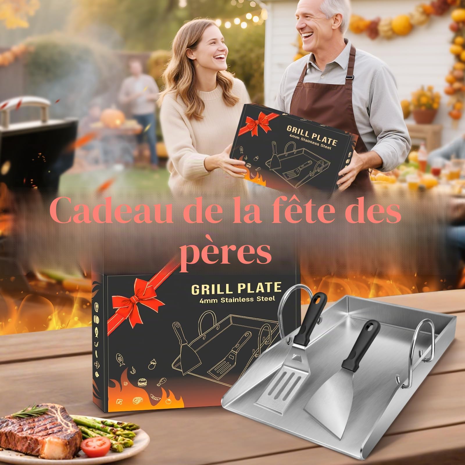 Plancha Plaque avec 2 spatules de barbecue de 4 mm d'épaisseur en acier inoxydable avec poignées amovibles, pour barbecue à gaz et barbecue au charbon de bois 40 x 30 x 4 cm