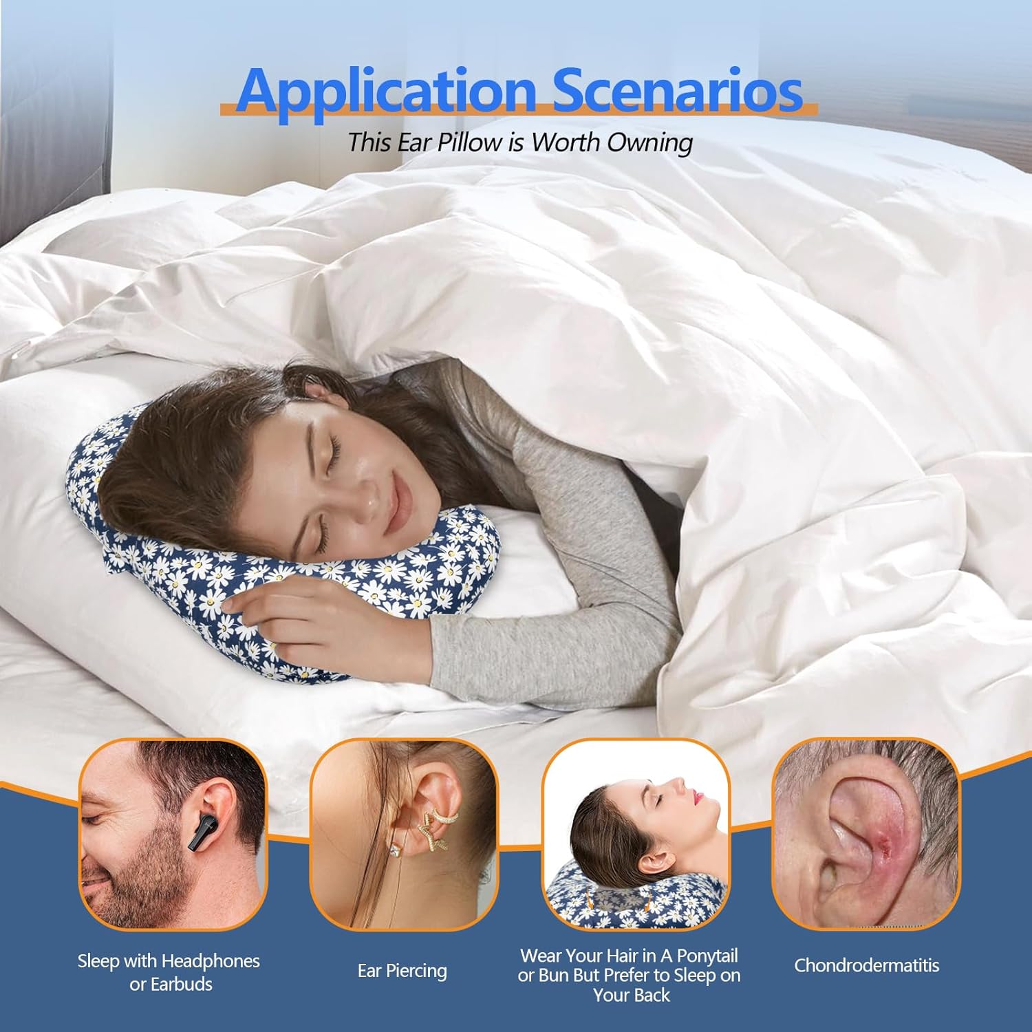 Ear Piercing Hole Pillows Side Sleeper Pillow with an Ear Hole for CNH Side Sleepers and Ear Inflammation Pressure Sores, Adjustable Cotton and Polyester Curved Side Pillow, Blue Flowers