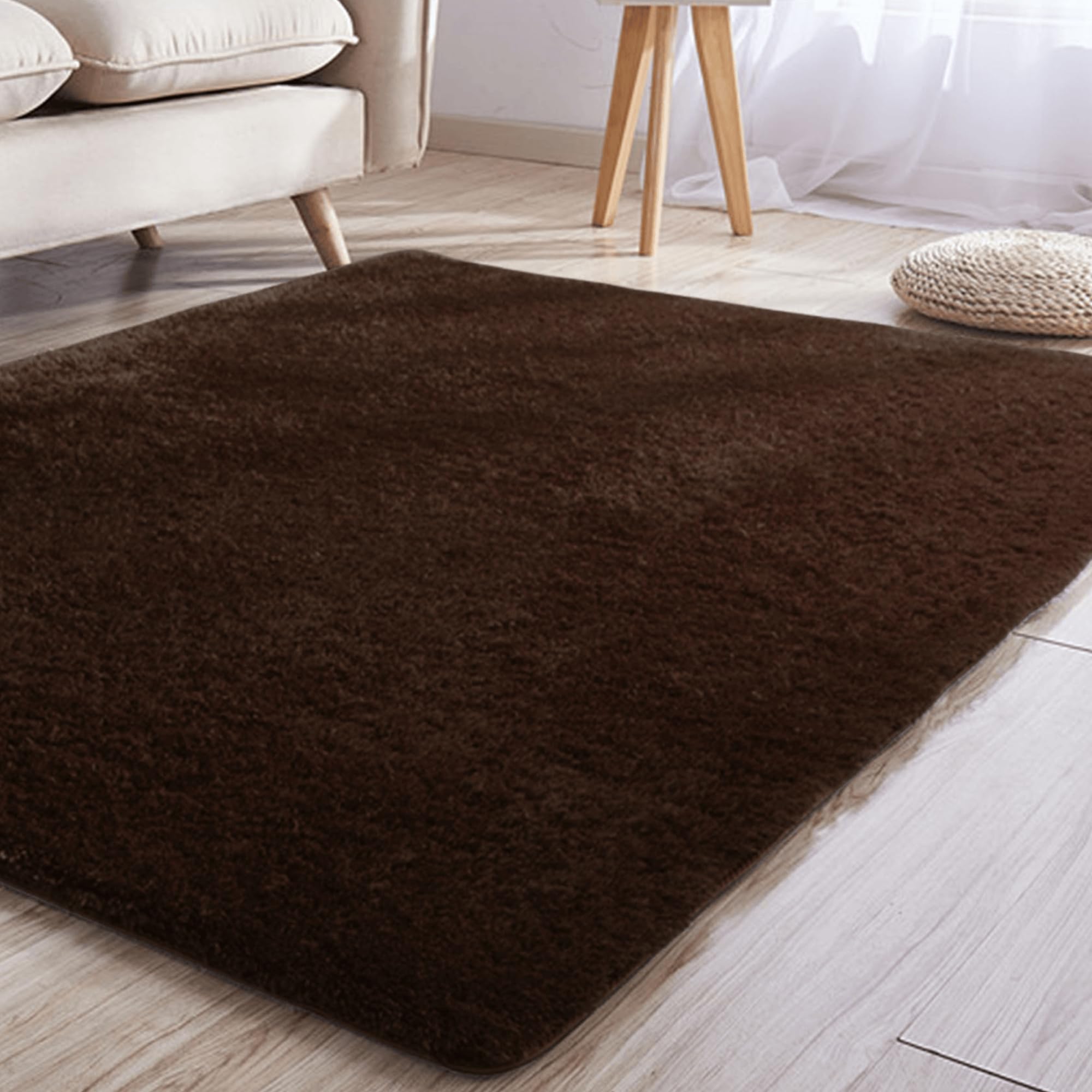 Tapis Salon Shaggy Doux et Moelleux Grand Tapis Marron Longs Poils