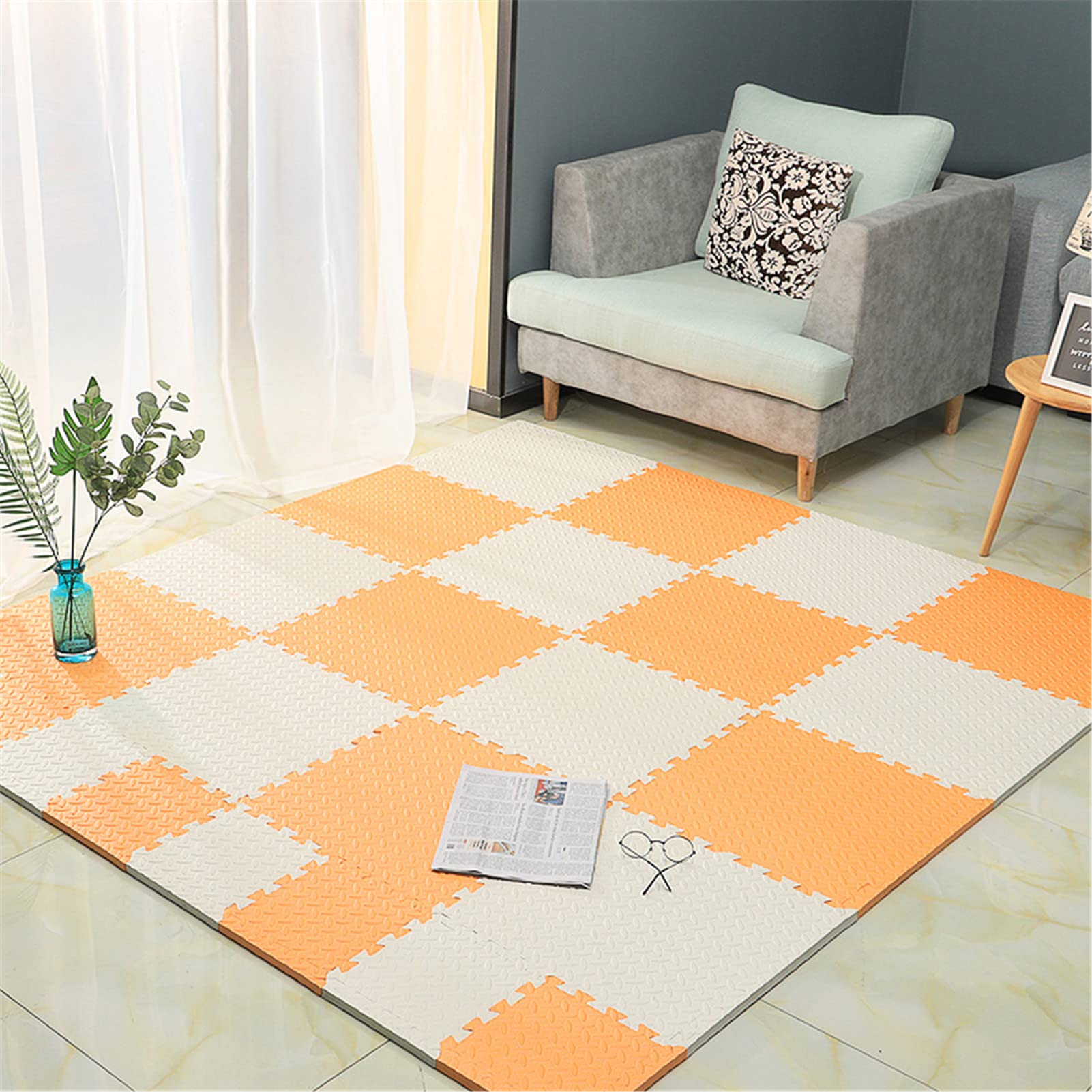 Esterilla Puzzle De 25X25x1,6 Cm,Alfombra Puzzle Baldosas Entrelazadas De Espuma EVA Alfombra De Juego De Rompecabezas De Espuma Multifunción Colorida para Niños Bebé,White+Orange,36pcs