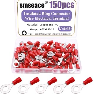 smseace 150pcs 1/4(M6) Insulated Ring terminals Red O-Type Wire Connector Electrical Crimp Terminal AWG 22-16 Connectors Assortment Kit RV1.25-6