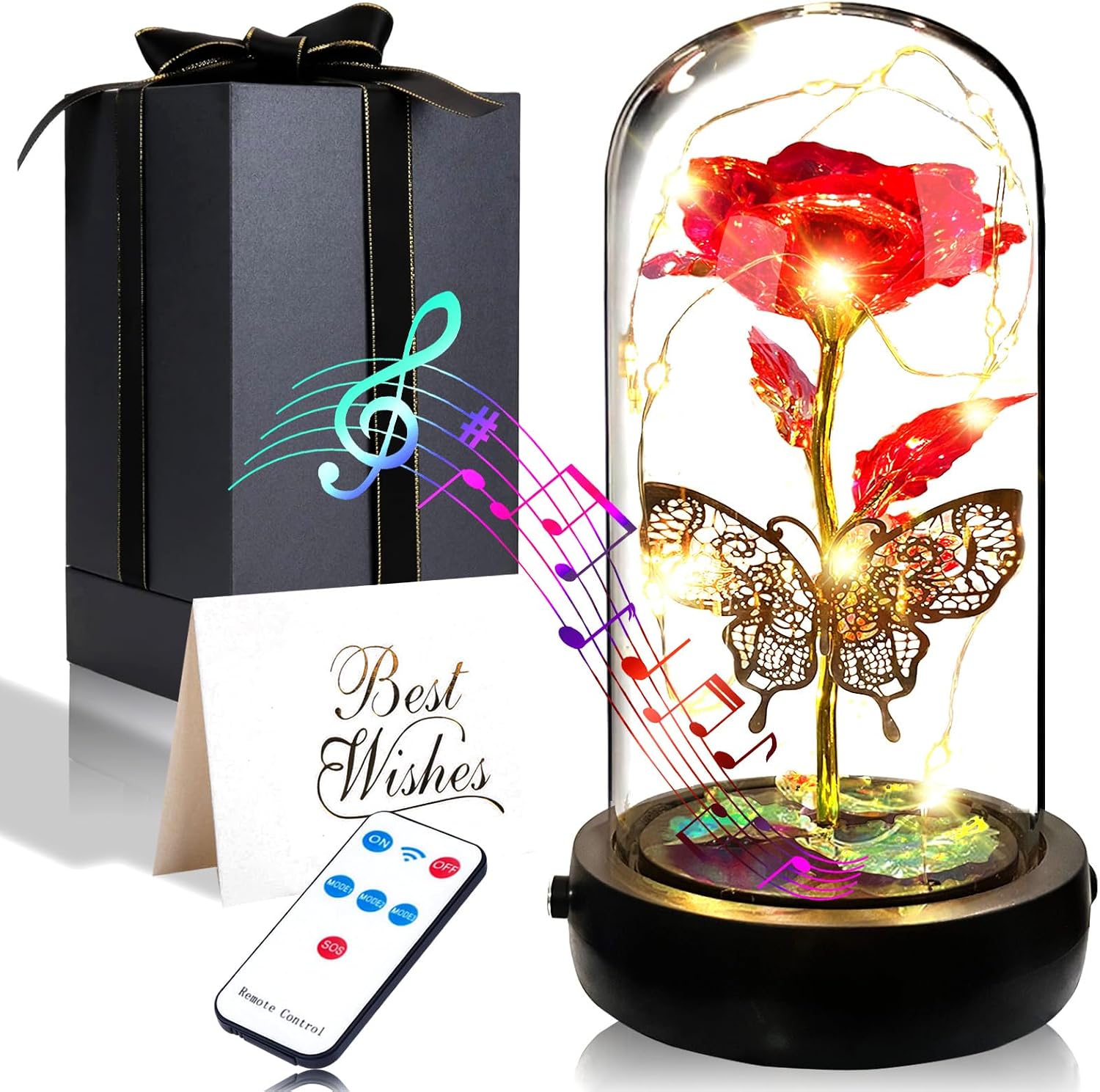 Birthday Rose Flower Gifts for Women, Mothers Day Glass Rose Gift for Mom from Daughter Son, Colorful Purple Rose in Glass Dome with Music Box, Light Up Rose in Dome for Her Wife Grandma