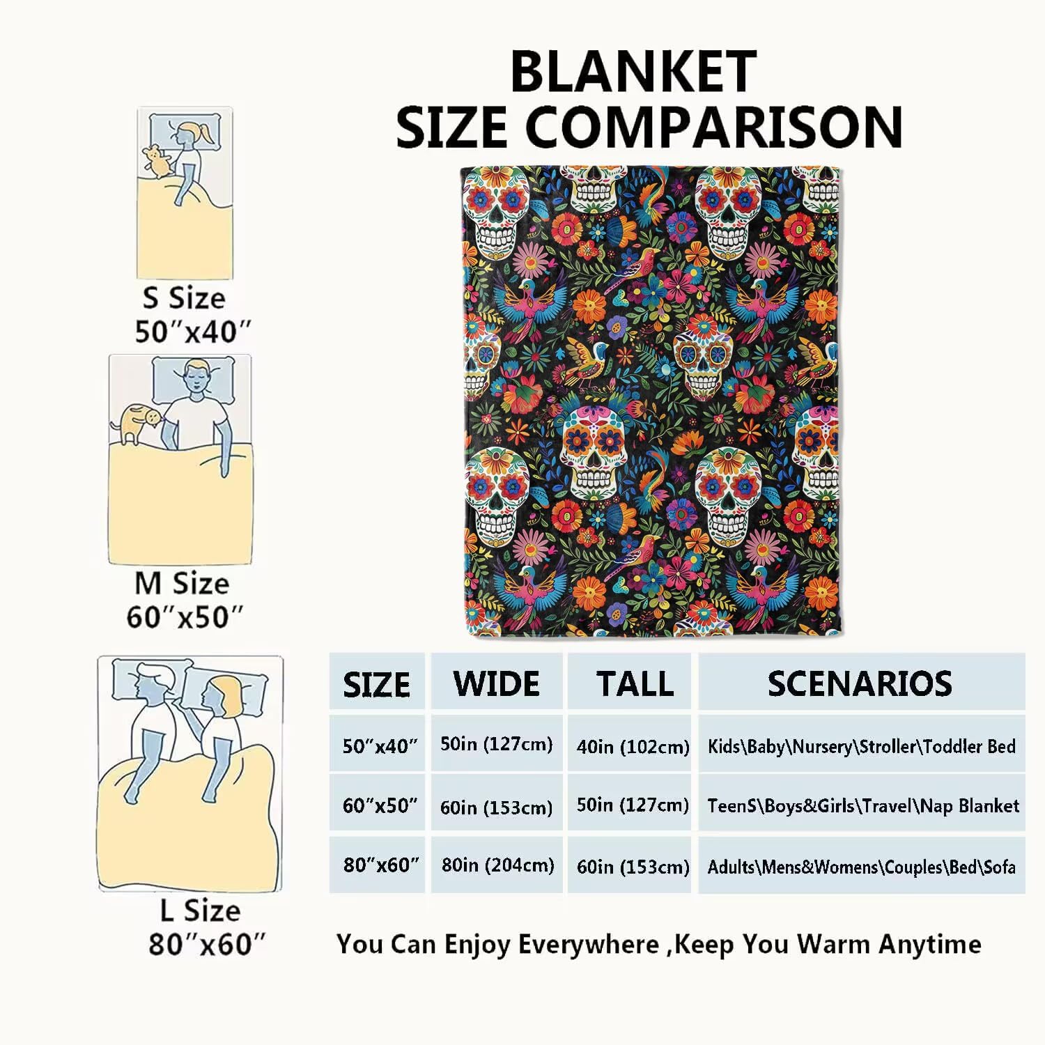 Sugar Skull Blanket Colorful Day of The Dead Floral & Bird Throw Blankets, for Women Men,Lightweight Soft Fleece Cozy for Sofa Couch Bed Room Travel Celebrations Decor 50x60in - Image 3