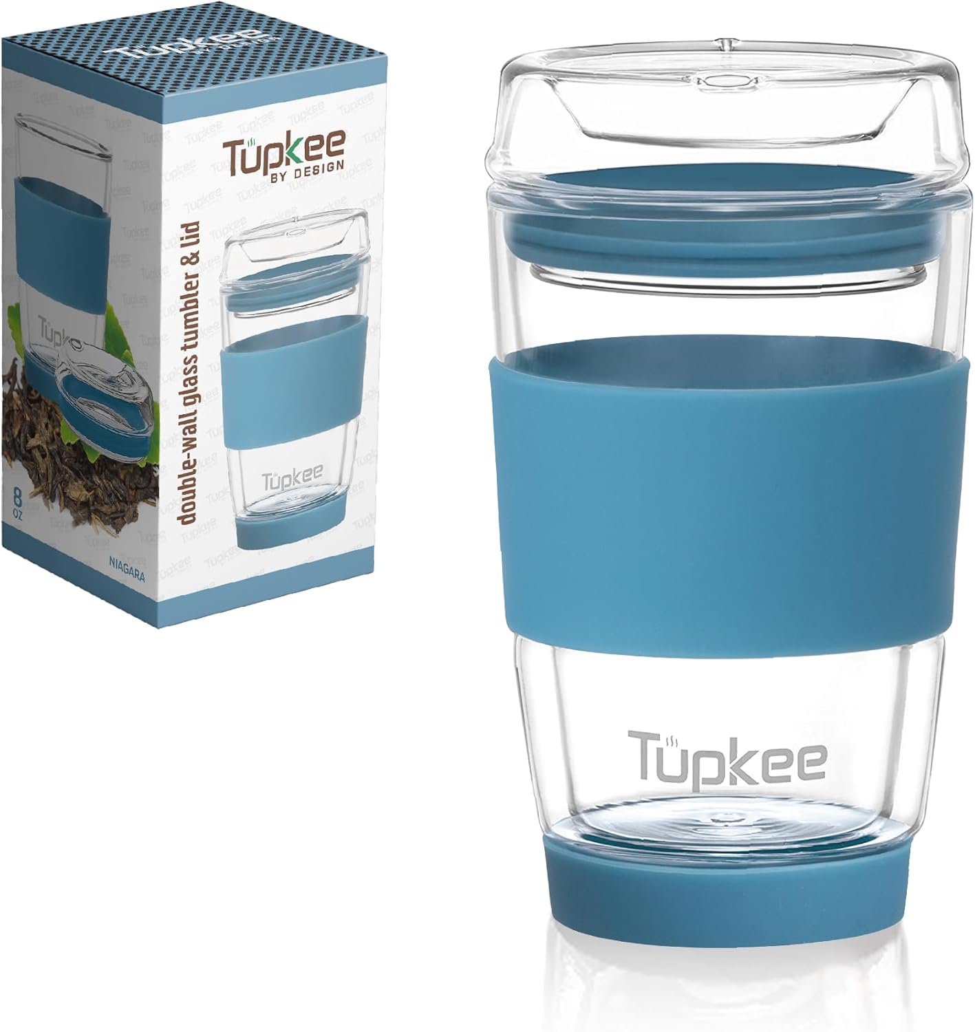 Tupkee Double Wall All Glass Tumbler - 8-Ounce, Reusable Insulated Tea/Coffee Mug & Lid, Hand Blown Glass Travel Mug - Niagara - 2 Pack - Image 2