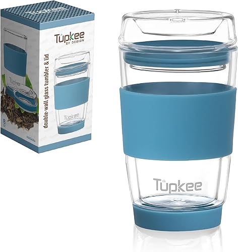 Tupkee Vaso de vidrio de doble pared, 8 onzas, soplado a mano, reutilizable, aislado, taza y tapa, taza de viaje, Niágara