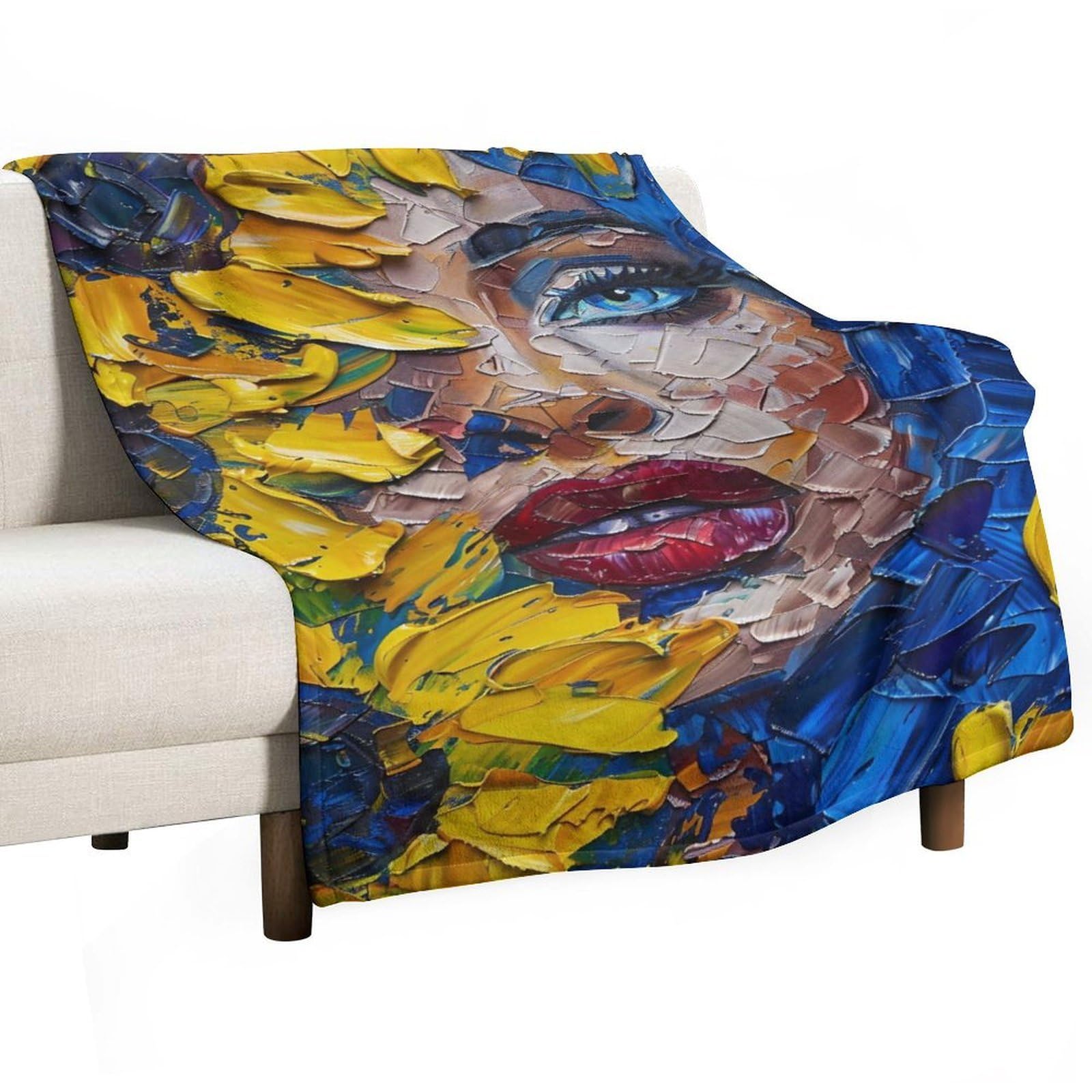 YHGSREUOH Blue Hair Woman with Sunflowers Impasto 02 Flannel Blankets Fleece Soft Throw Lightweight Plush Gifts for Couch, Bed, Cozy Sofa Plush, Chair, Lovers 32x48inch(80x120cm)