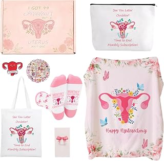 Hysterectomy Gifts for Women, 7pcs Uterus Gift Set,After Hysterectomy Recovery Blanket ,Encouraging Present With Tote Bag,Novelty Socks,Make Up Bag,Brooch,Stickers