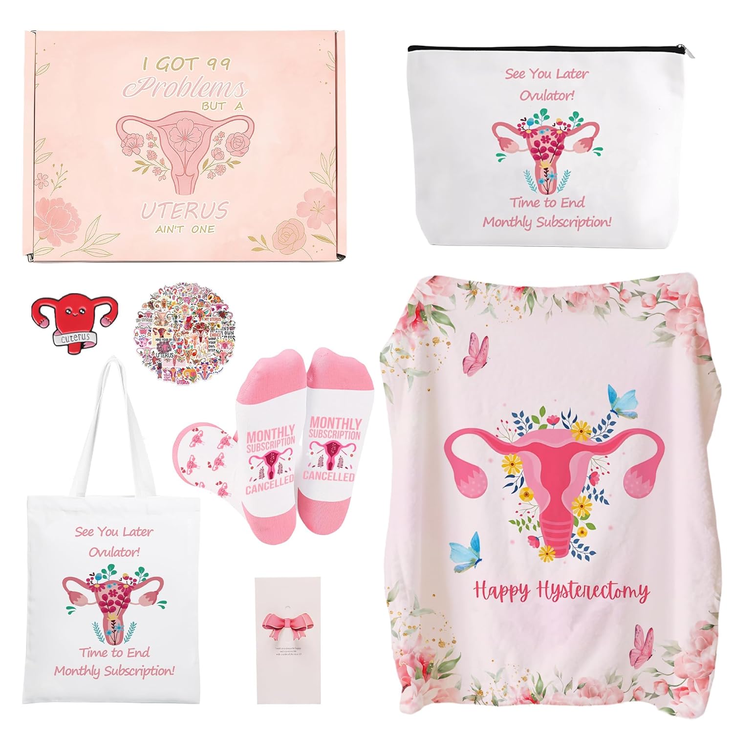 Hysterectomy Gifts for Women, 7pcs Uterus Gift Set,After Hysterectomy Recovery Blanket ,Encouraging Present With Tote Bag,Novelty Socks,Make Up Bag,Brooch,Stickers
