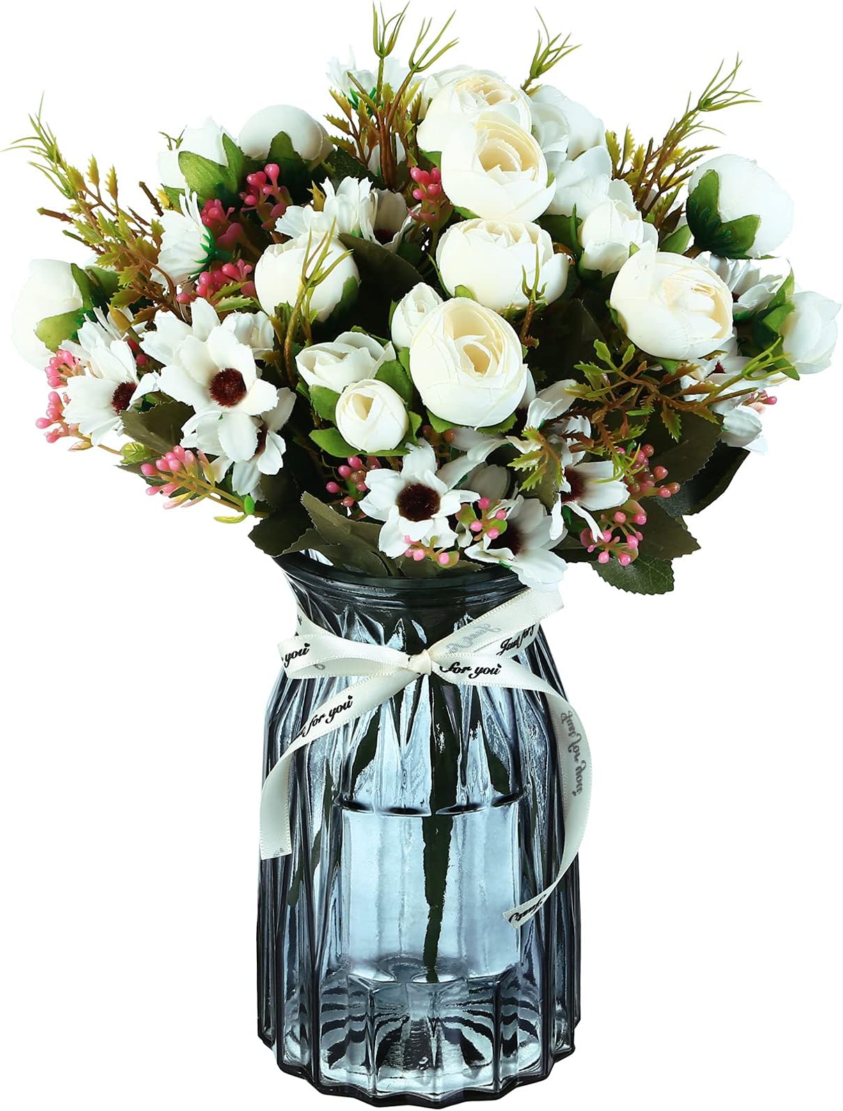 4 Packs White Artificial Peonies Silk Flowers with Glass Vase Faked Peony Flowers DIY Bouquets Arrangement Centerpiece for Weddings, Baby Showers, Birthday Parties, and Home Decorations
