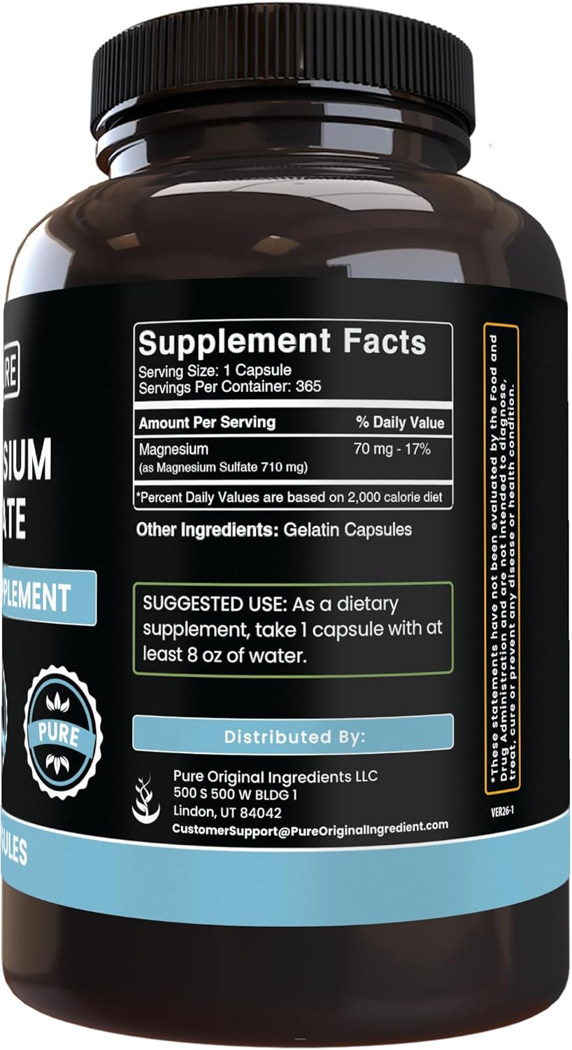 Pure Original Ingredients Magnesium Sulfate (365 Capsules) No Rice Fillers, Always Pure, Lab Verified