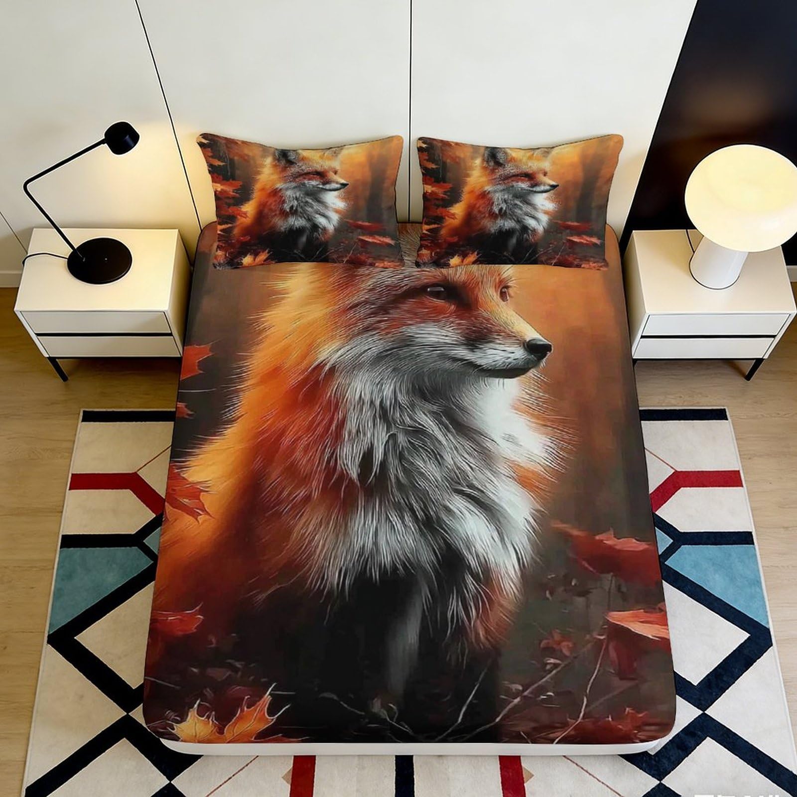 3D Printed Fox Woodland Fitted Sheet Microfiber Anti-slip Bed Cover Autumn Leaves Mattress Protection Decor for Bedroom 90x200x25cm