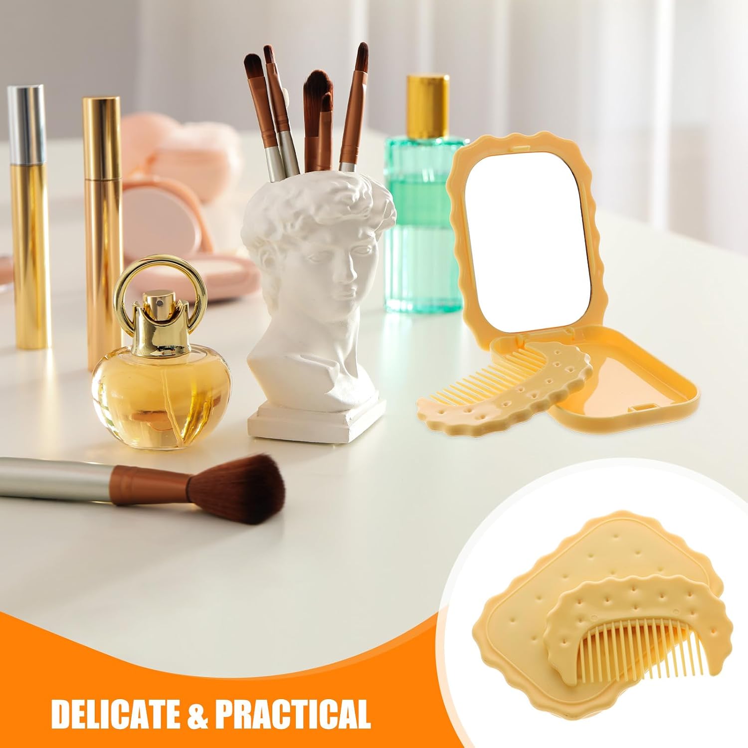 Creative Mini Cookie-Shaped Compact Makeup Mirror Set Small Portable Foldable Round Travel Mirror with Yellow Geometric Cover for Women Outdoors image 4