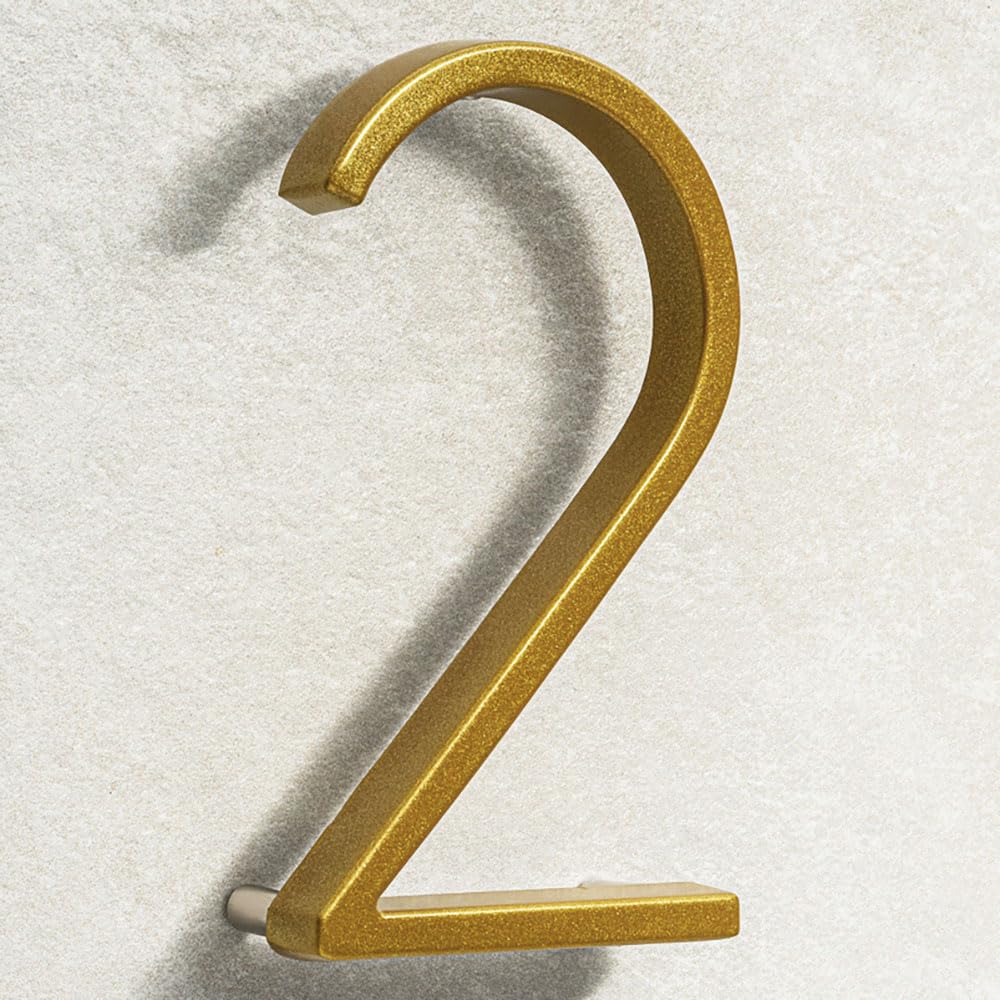 House Signs Direct | Modern Floating 3D Gold Metal House Numbers 5 Inch | Stylish Front Door Numbers with Waterproof Zinc Alloy Finish | Easy Install Door Number Sign for Wall or Gate - Number 2 — image 1