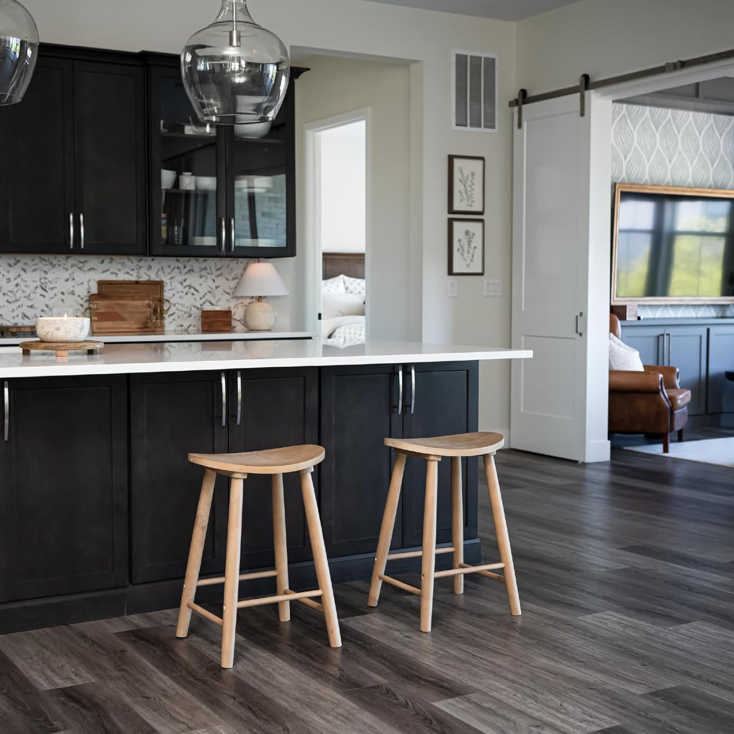 Maven Lane Luna Counter Stool Set of 2 – 26 Inch Round Stools with Footrest – Natural Solid Wood – Space-Saving Design for Kitchen Counters & Islands, Ideal for Apartments, Dorms & Compact Living