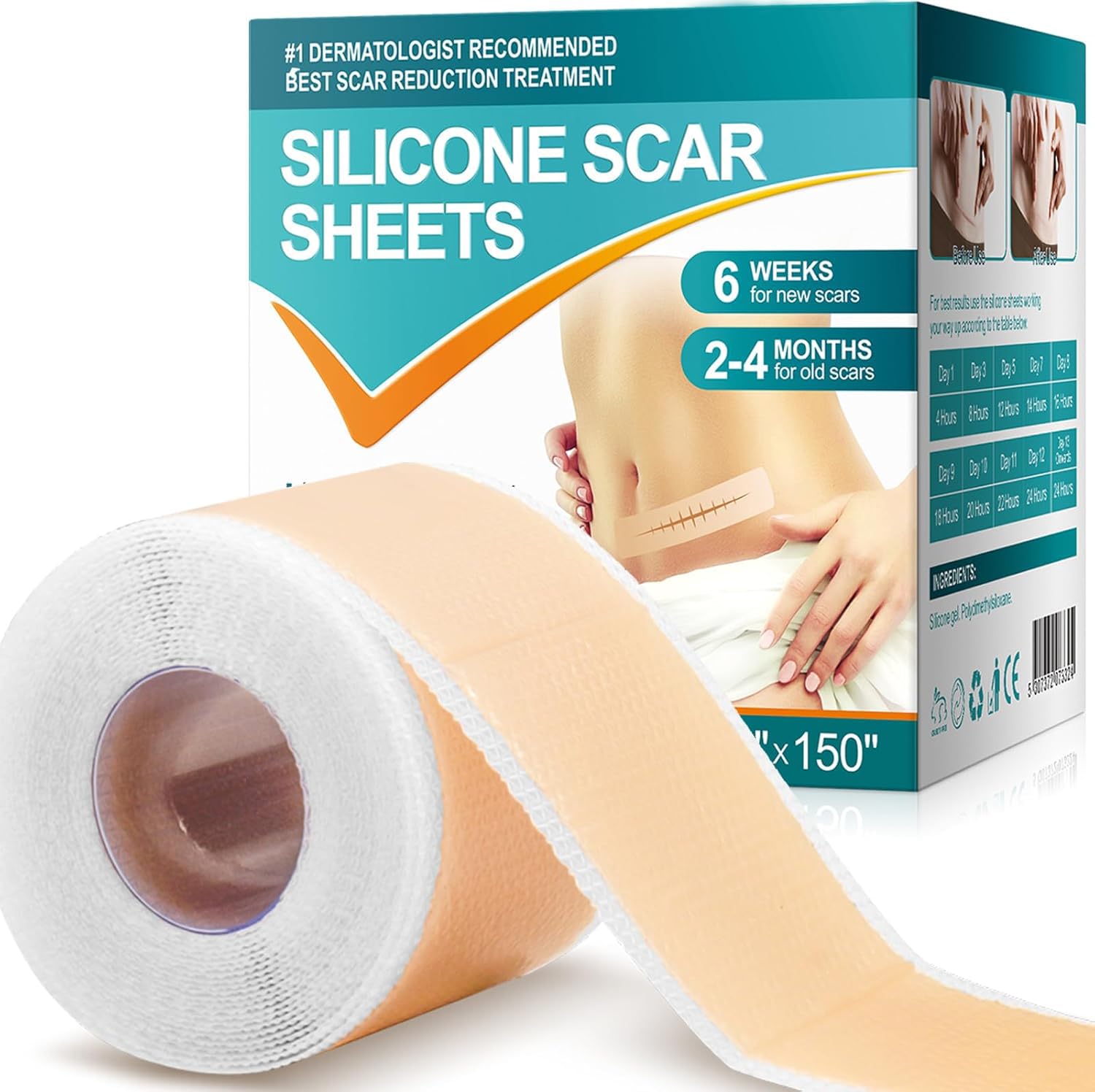 Silicone Scar Sheets (1.6”x150” Roll), Medical Silicone Scar Tape Roll, Scar Removal Sheets Works on Old & New Scars, Scar Treatment Sheets for All Skin Types, Safe and Effective for Scars and Keloids
