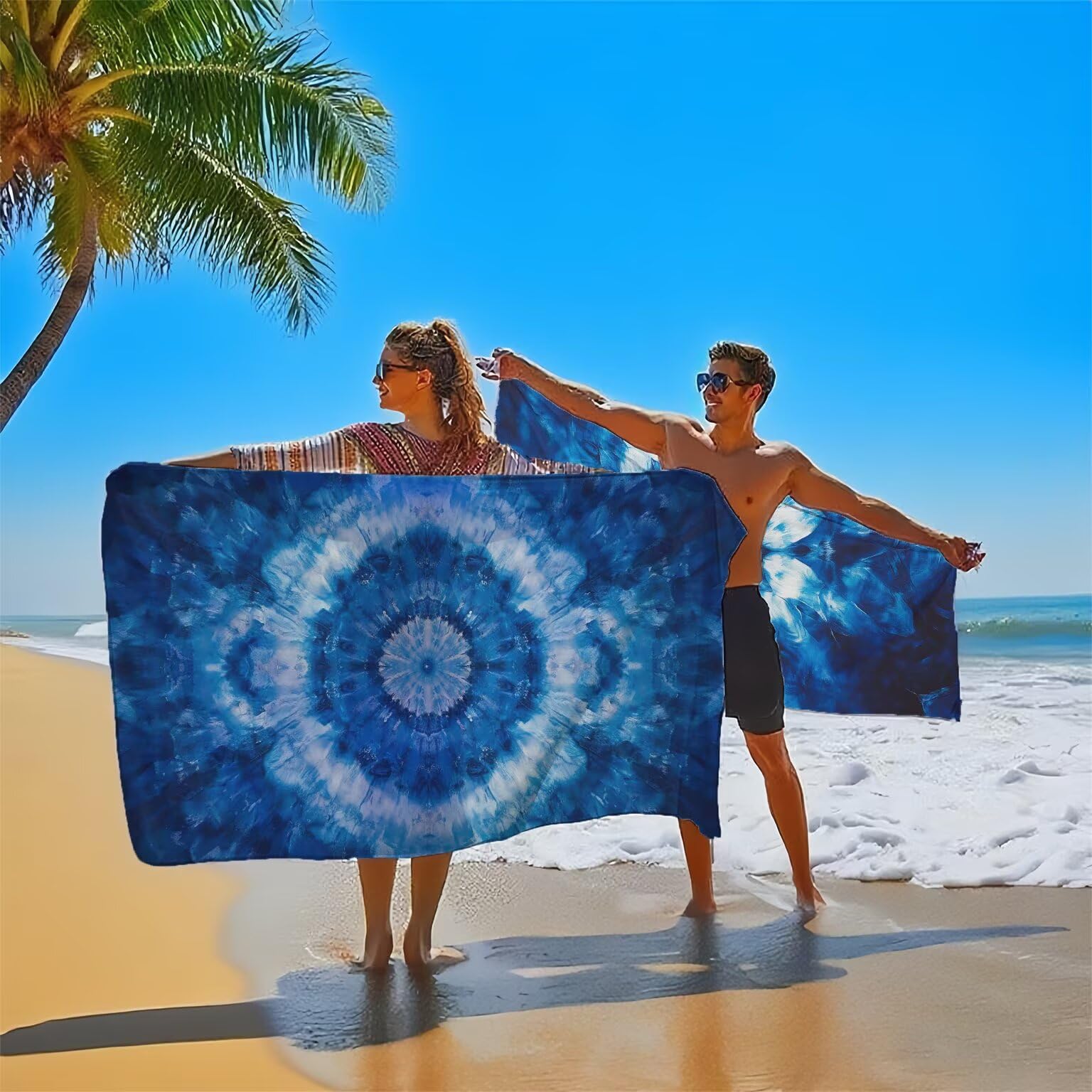 Niebieski ręcznik plażowy dla dorosłych, ręcznik z mikrofibry 100 x 200 cm, duży, 2 sztuki, ręczniki kąpielowe, unikalne zatrzaskowe, chłonne, szybkoschnące, odporne na piasek, lekka konstrukcja, do