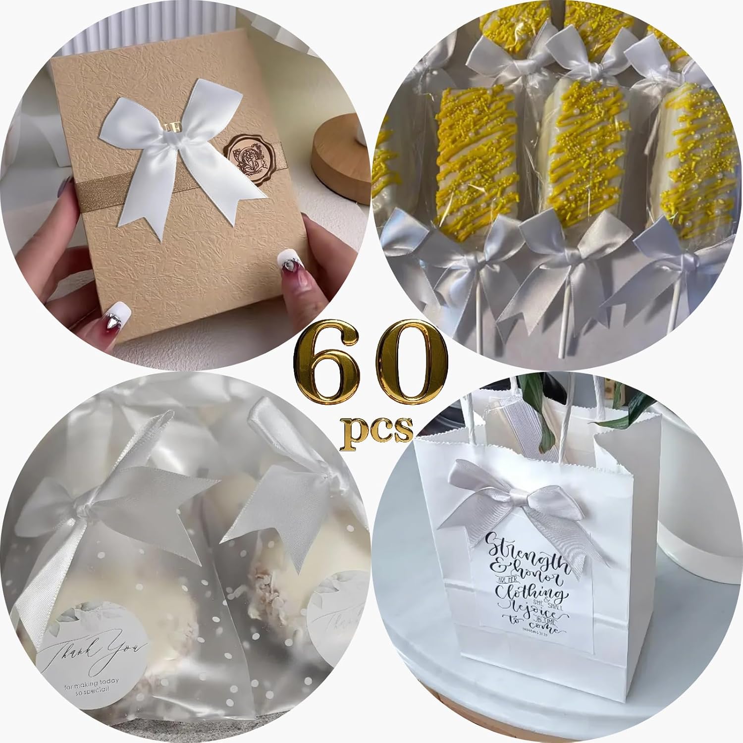 60Pcs Crisp White Gift Wrap Bows, 3.3" Satin Ribbon Bows for Gift Wrapping, Large Size Bows for Treat Bags, Baby Shower Birthday Wedding Xmas Party Decors, Valentines, Gift Bags, DIY Crafts - Image 4