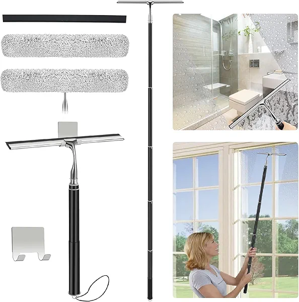 17'' - 62'' Metal Squeegee with Extension Pole for Window,Glass Door,Mirror, 12'' Wide Telescopic Shower Squeegee Cleaner with Long Handle for Cleaning Tile Wall,Floor,Bath,Car Windshield,Solar Panel