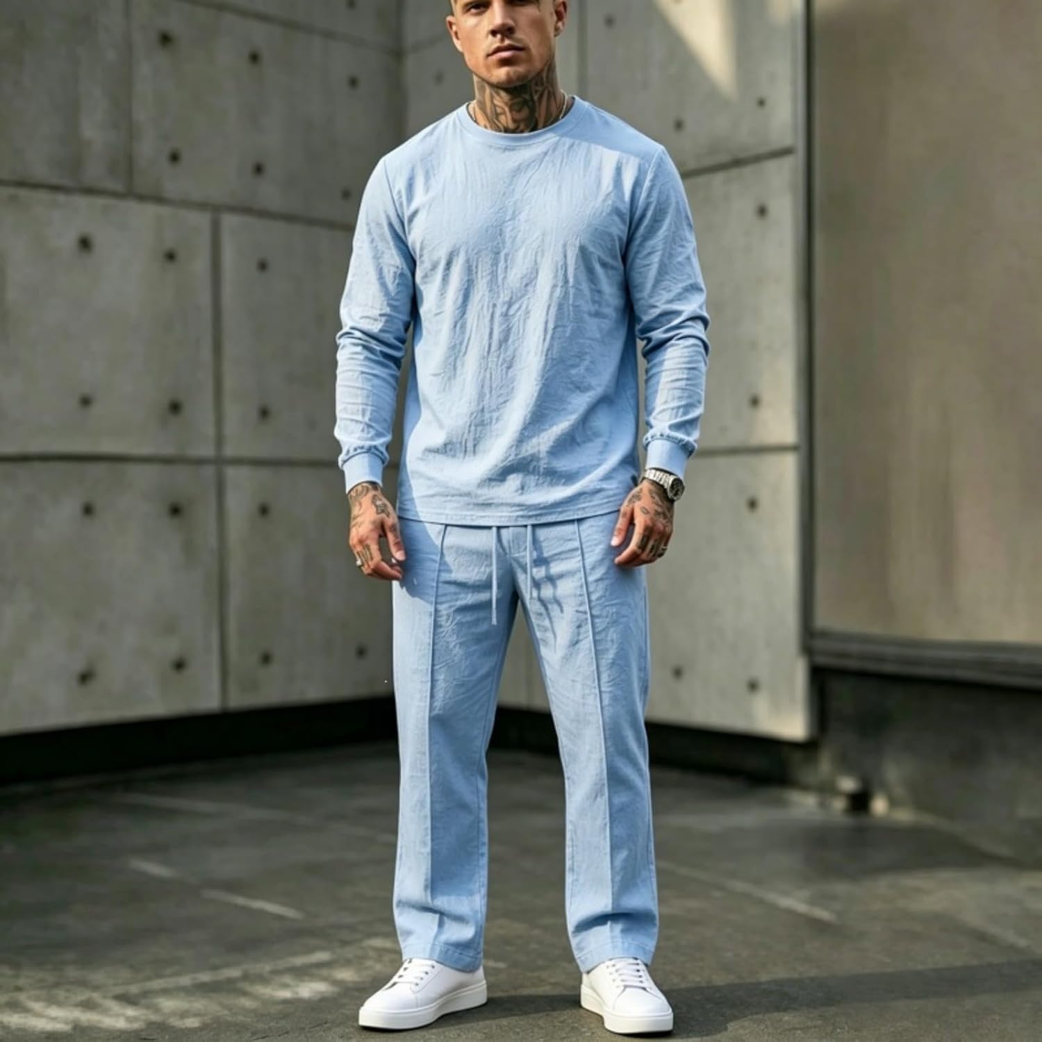 Cambkatl Men's Dressy Long Sleeve Linen Shirt with Straight Leg Pants Lightweight Vacation Beach 2 Piece Outfits