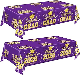 LINHAXM Graduation Decorations 2026, Purple and Gold Graduation Tablecloths, 2 Pack Congrats Grad Plastic Disposable Table Cover for Grad Party Decorations Class of 2026, 54" x 108"