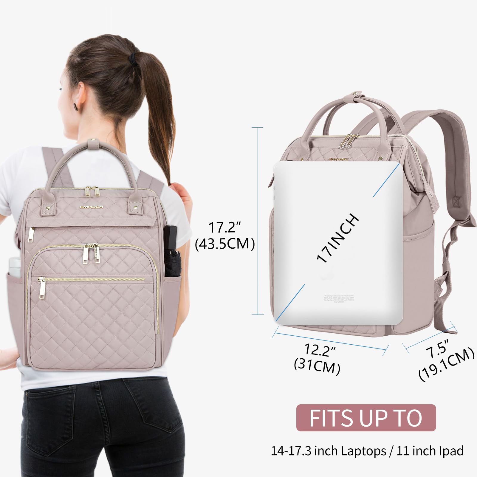 EMPSIGN Laptop Rucksack Damen 17.3 Zoll, Wasserfest Mädchen, Elegante Arbeitstasche Lehrertasche, Reiserucksack Tagesrucksack für Uni Büro Reise, Rosa