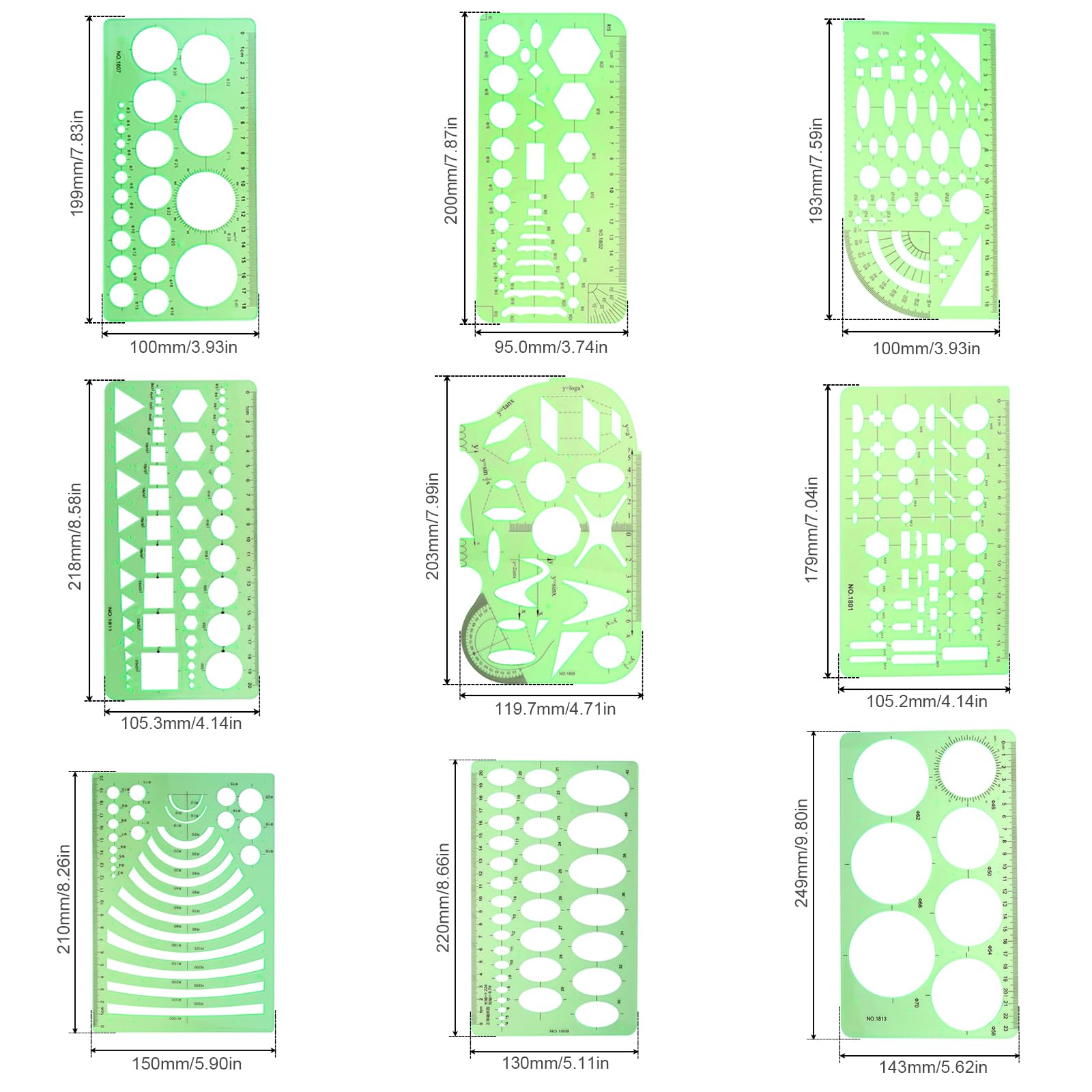 9-częściowy szablon do rysowania geometrycznego, linijka pomiarowa, geometryczne narzędzia pomiarowe, przezroczysta, zielona, plastikowa linijka do nauki, projektowania i budowania