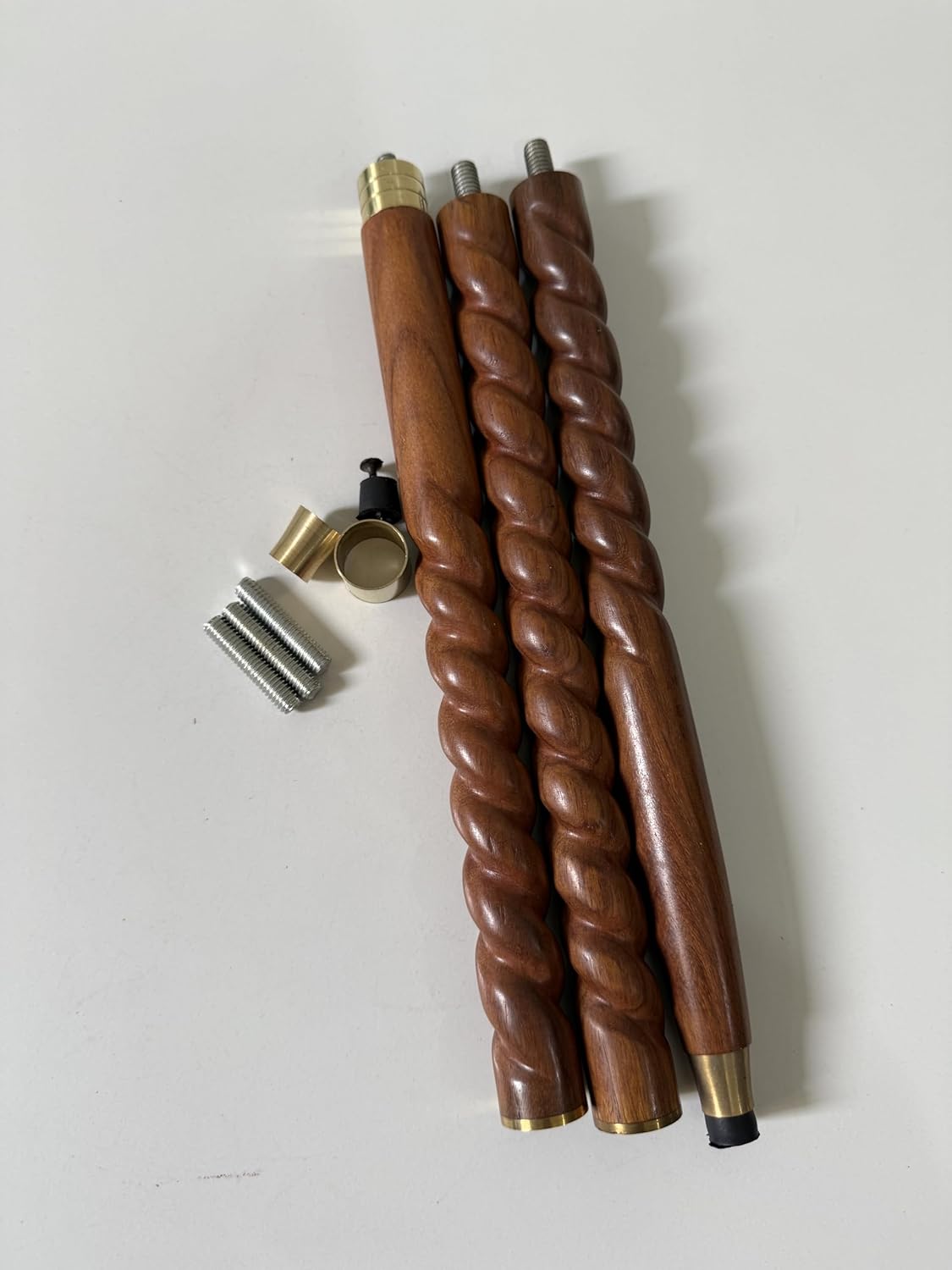 Handcrafted Spiral Wooden Stair Spindles with Brass Fittings, Hardware Included, Brown