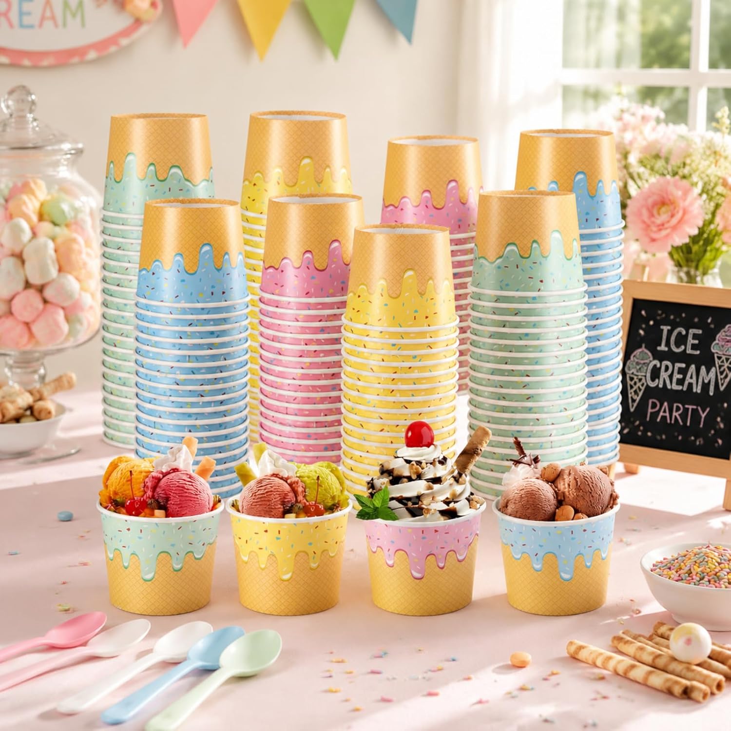 100 Pcs 6 oz Ice Cream Cups Paper Disposable Dessert Bowls Paper Ice Cream Sundae Bowls Bulk Dessert Cups Yogurt Snack Soup Containers for Cold or Hot Food Summer Birthday Party Supplies