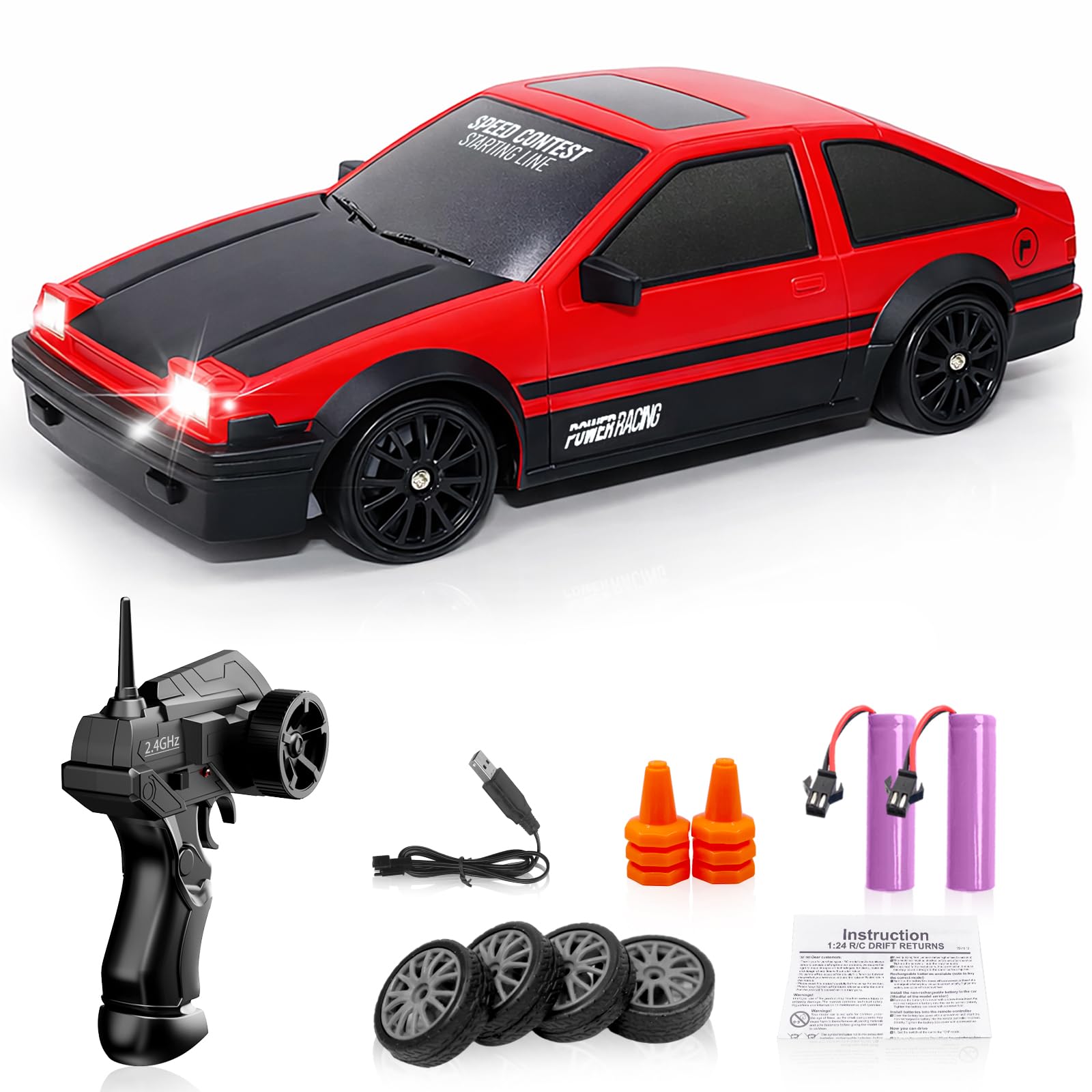 Remote Control Car RC Drift 2.4GHz 1:24 Scale 4WD 15KM/H High Speed Model Vehicle with LED Lights Drifting Tire Racing Sport Toy for Adults Boys Girls Kids Gift 2Pcs Rechargeable Batteries